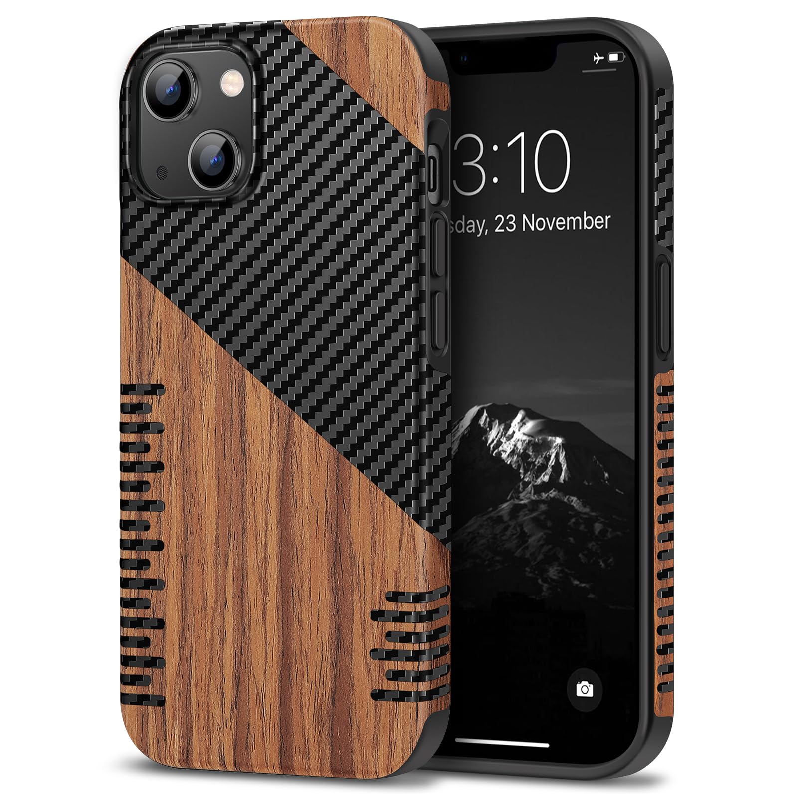 TENDLIN Compatible with iPhone 14 Plus Case Wood Grain with Carbon Fiber Texture Design Leather Hybrid Slim Case (Twill)