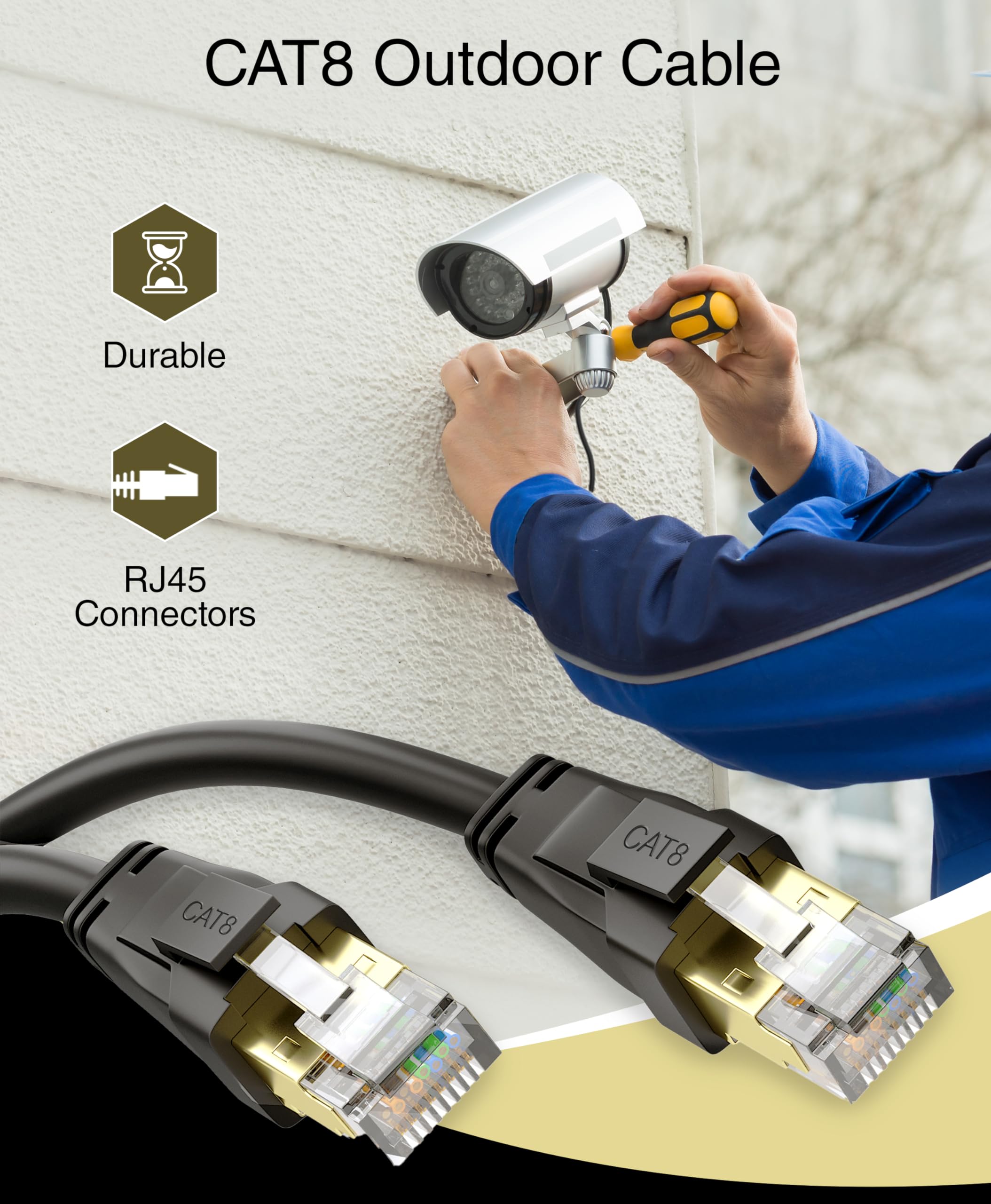 Bluerigger Cat 8 Outdoor Ethernet Cable   50Ft (Rj45, 40Gbps, 2000Mhz, Weatherproof, Uv Resistant Cat8 Internet Cable) High Spee