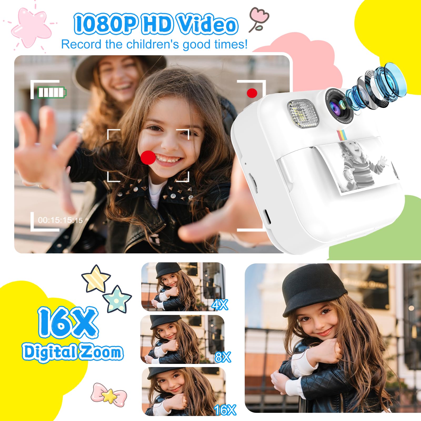 Instant Print Camera For Kids, 3 12 Year Old Girls Boys Gifts, 1080P Video Children Digital Camera With 32Gb Card, Kids Christma