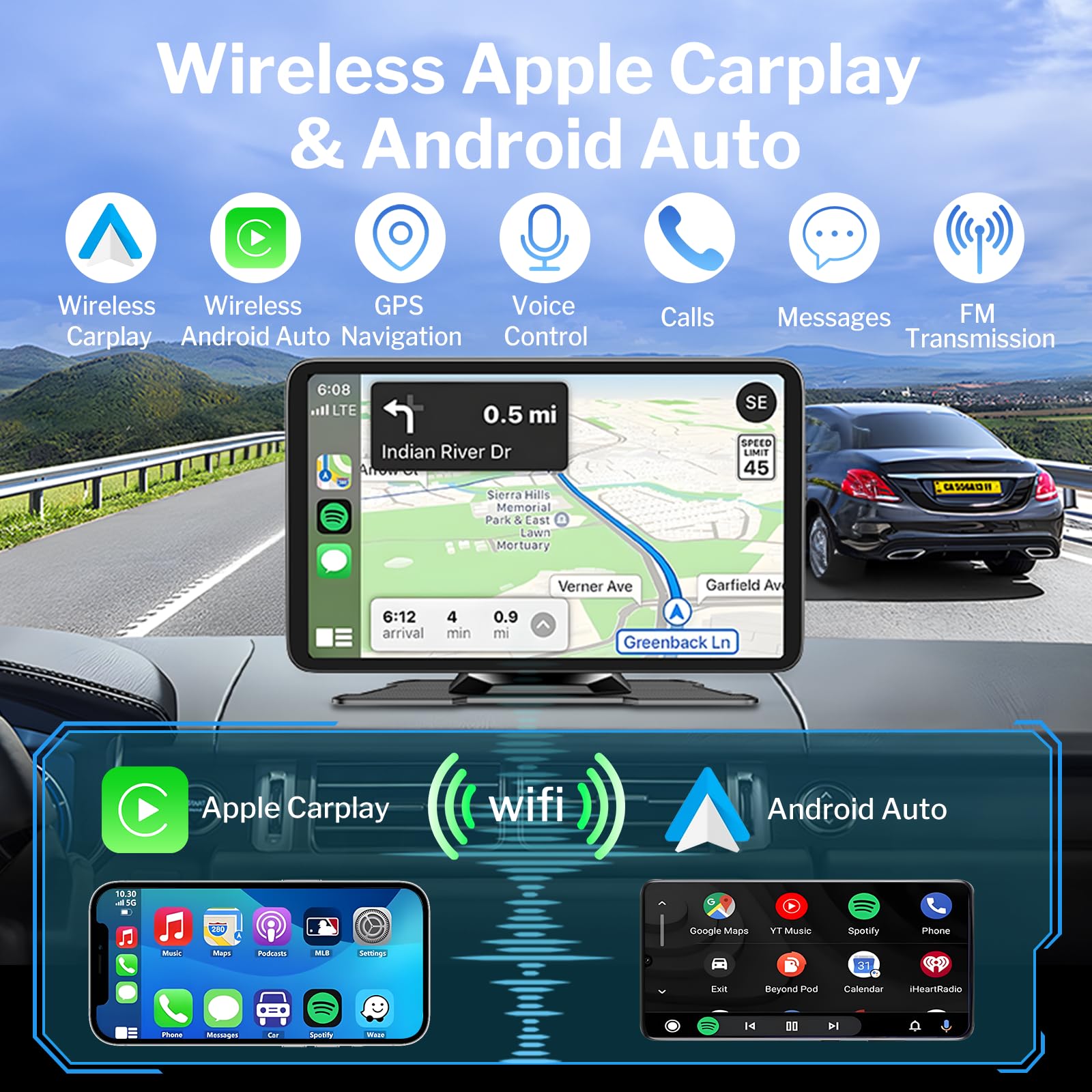 Wireless Apple Carplay Screen For Cars, 7 Hd Portable Car Stereo Touch Screen For Apple Carplay & Android Auto With Backup Camer