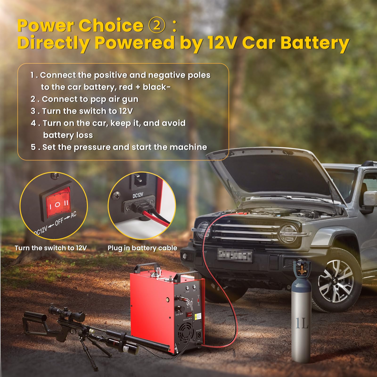 GX Pump Portable PCP Air Compressor, 350W, Max 5800Psi, Model GX-E-CS4-I, Red/Black, Built-in Converter, Water Cooling, 12V Auto Stop