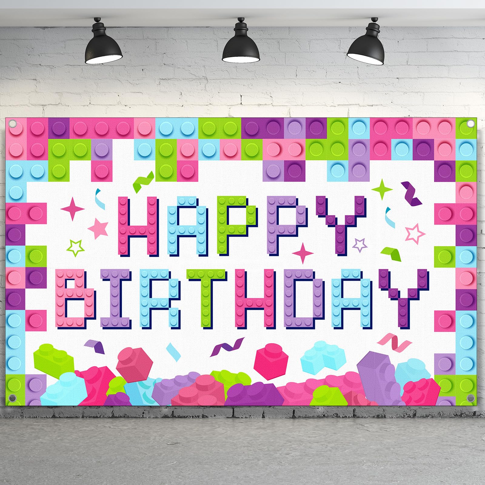 Newwiee 6 x 3.6 ft Building Blocks Birthday Backdrop Banner Birthday Fabric Photography Backdrop Party Decorations for Girls and