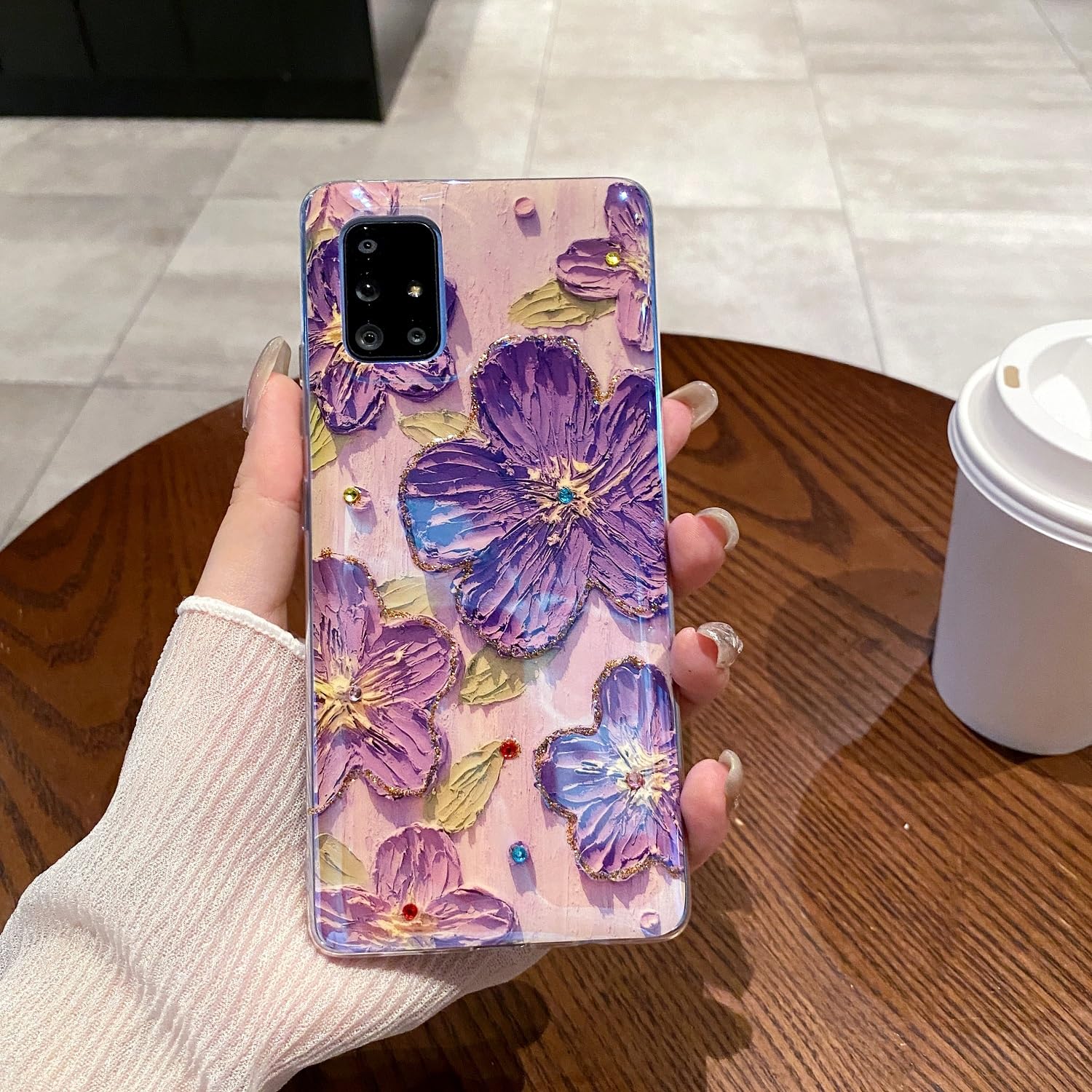 Leleyun Case For Samsung Galaxy A51 5G, Retro Oil Painting Printed Flower Cute Pattern With Glitter Gem Phone Cover Durable Tpu