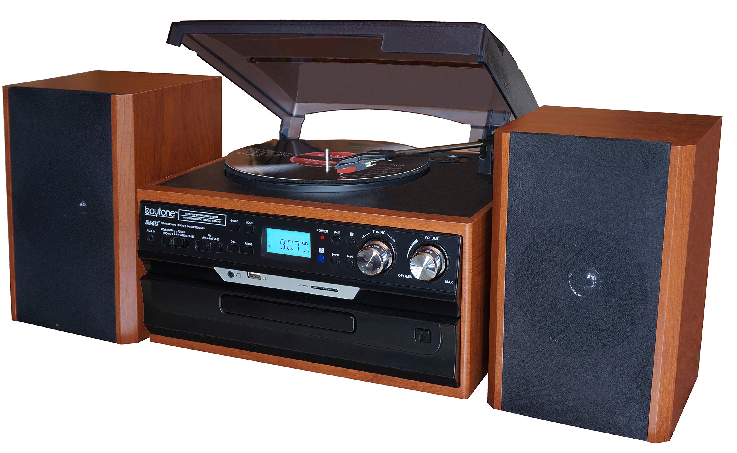 Boytone Bt 24Mb Bluetooth Classic Style Record Player Turntable With Am/Fm Radio, Cd/Cassette Player, 2 Separate Stereo Speakers