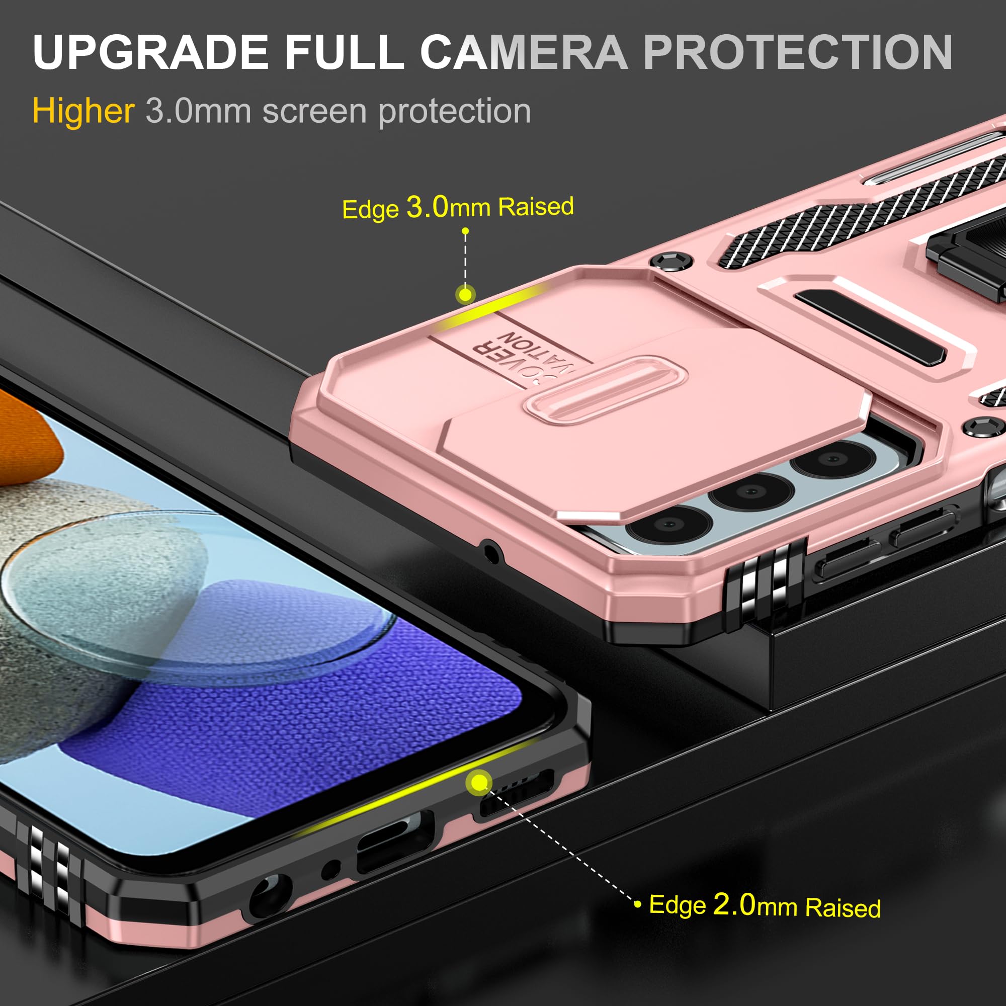 Ezanmull For Samsung Galaxy A15 5G Case With Slide Camera Cover + Screen Protector(2 Packs), Rotated Ring Kickstand Military Gra