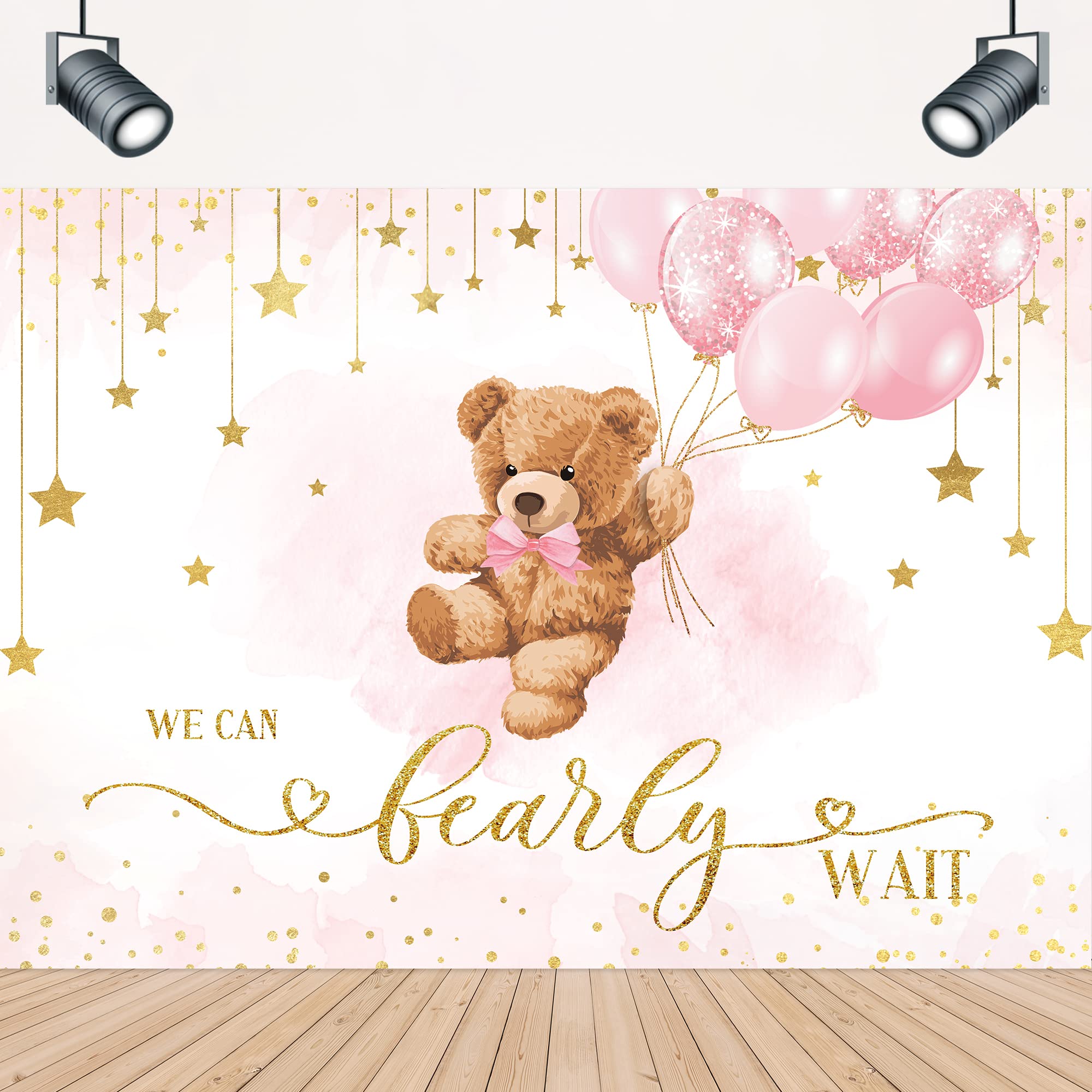 Lightinhome Bear Girl Baby Shower Backdrop 7Wx5H Feet We Can Bearly Wait Pink Balloons Gold Star Cartoon Brown Bear Girl Baby Sh