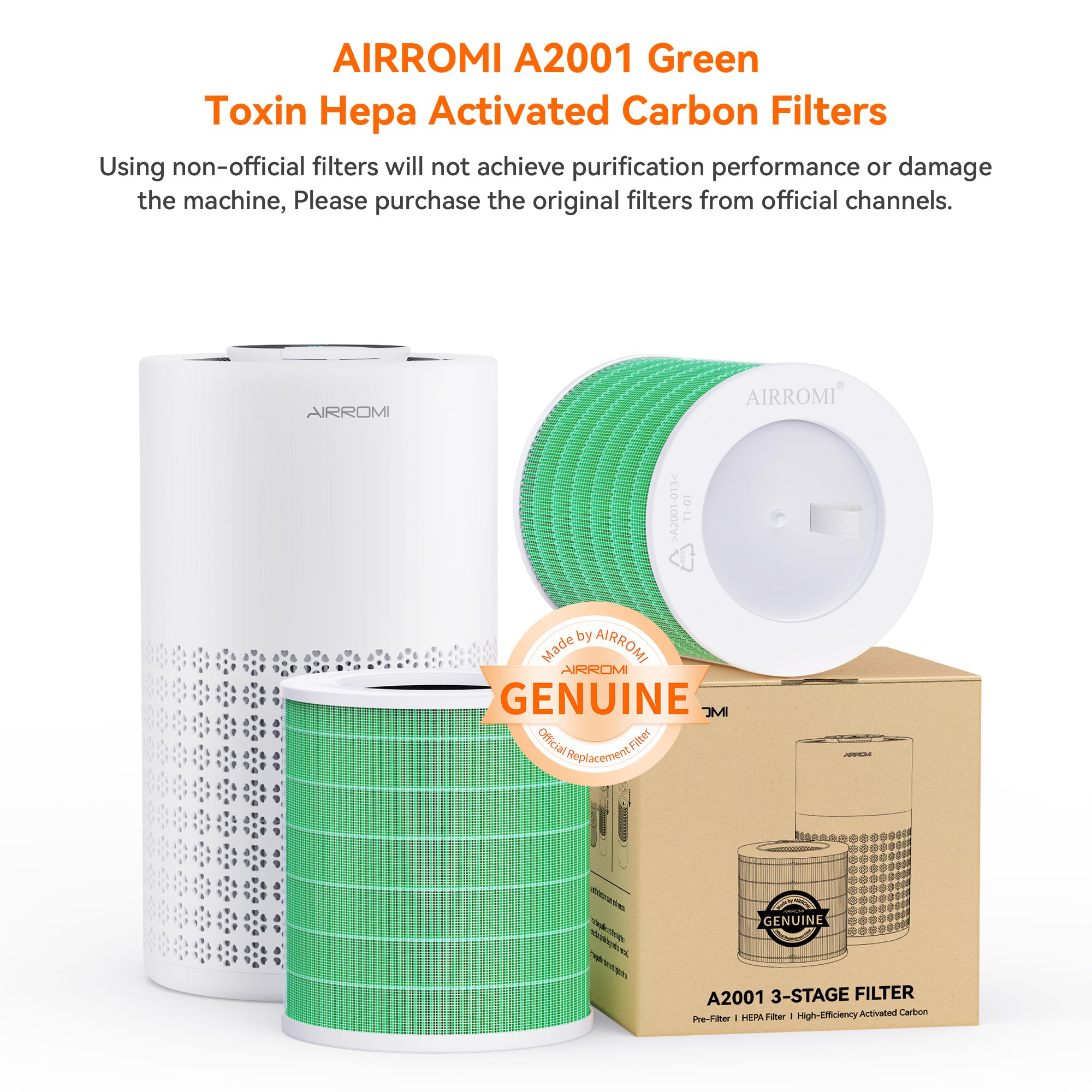 Airromi A2001 Hepa Air Purifier Replacement Filter, 3 In 1 Original Filter, Removes 99.97% Of 0.3 Micron Particles, Green Activa