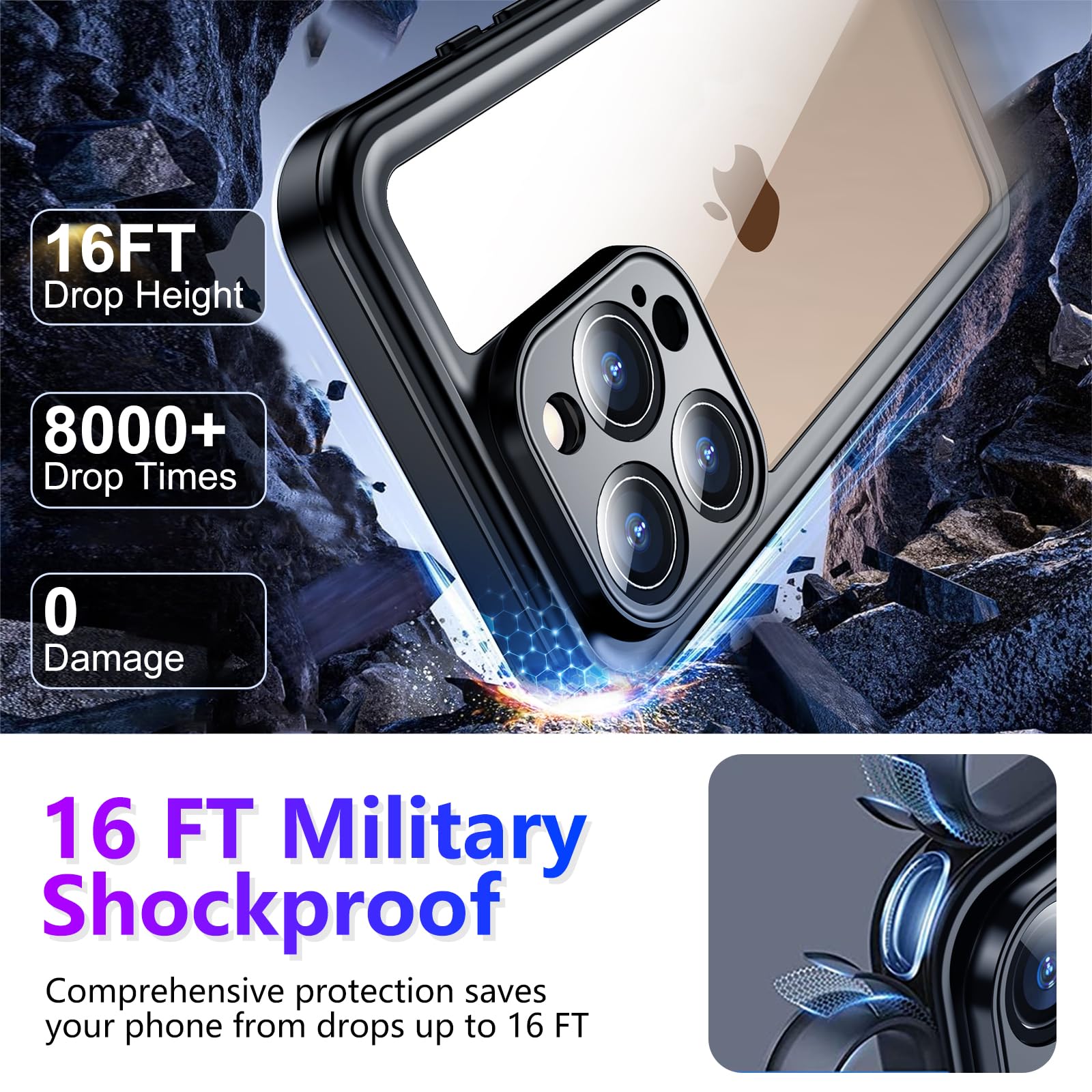 Temdan Compatible With Iphone 16 Pro Max Case Waterproof, Built In Screen & Camera Protector Ip68 Underwater Full Body 16Ft Mili