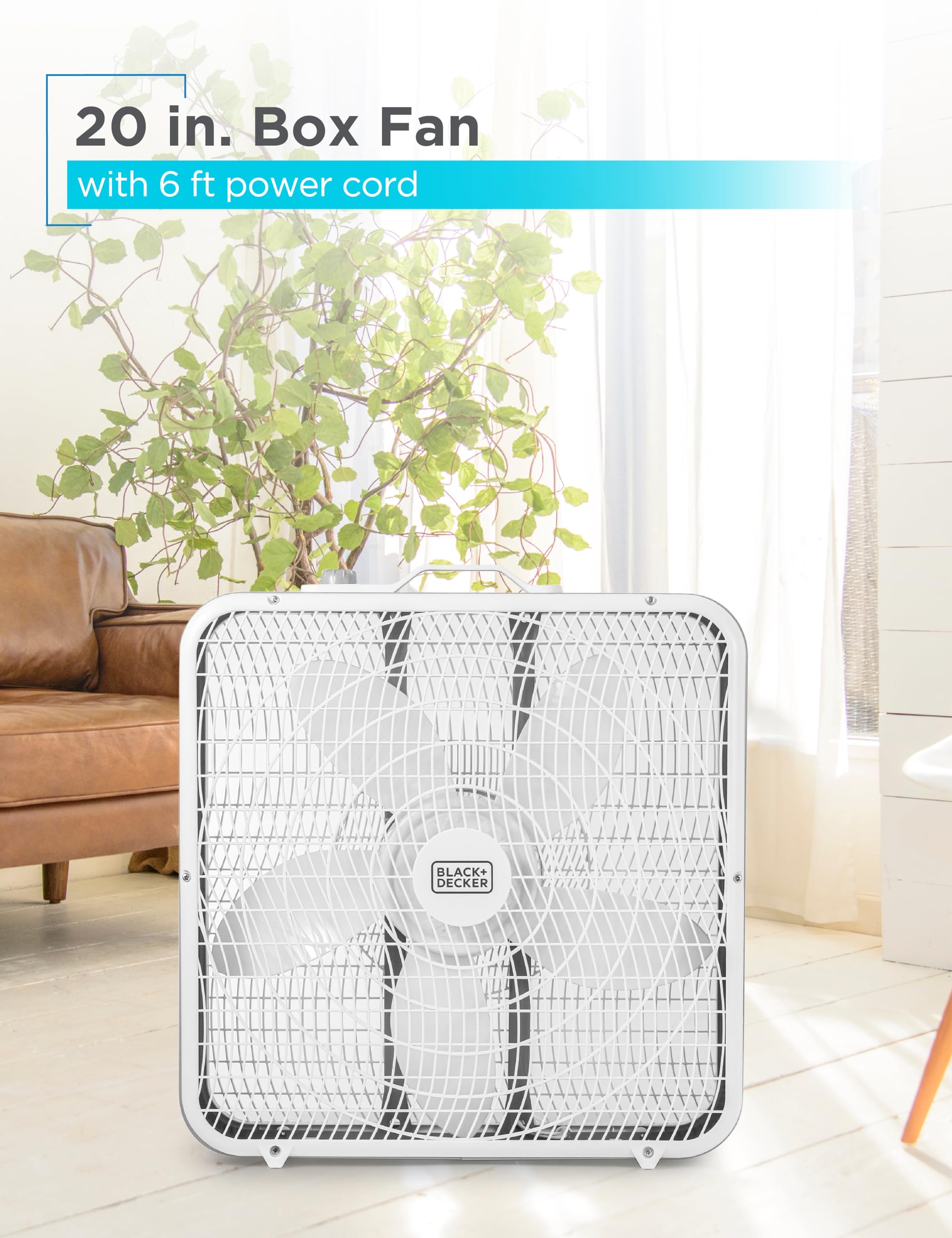 Black+Decker Box Fan With 3 Speed Settings, 20    Box Fan With Carrying Handle, Rotary Knob And Recessed Cord Storage, Portable