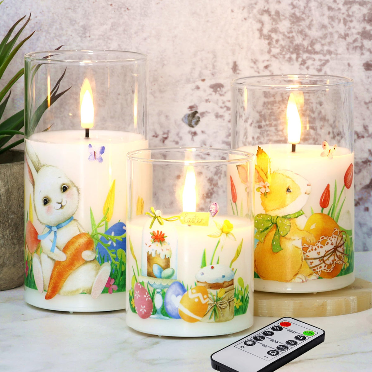 Eywamage Easter Flameless Candles With Remote, Glass Flickering Led Pillar Candles Set Of 3, Real Wax, Battery Operated
