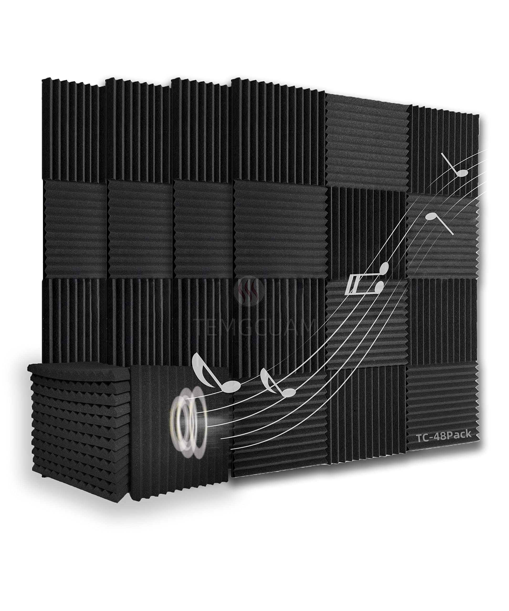 Temgcuam 48 Pack Sound Proof Foam Panels |Acoustic Panels Self Adhesive |1''      12''      12'' Quick Recovery Soundproof Wall 