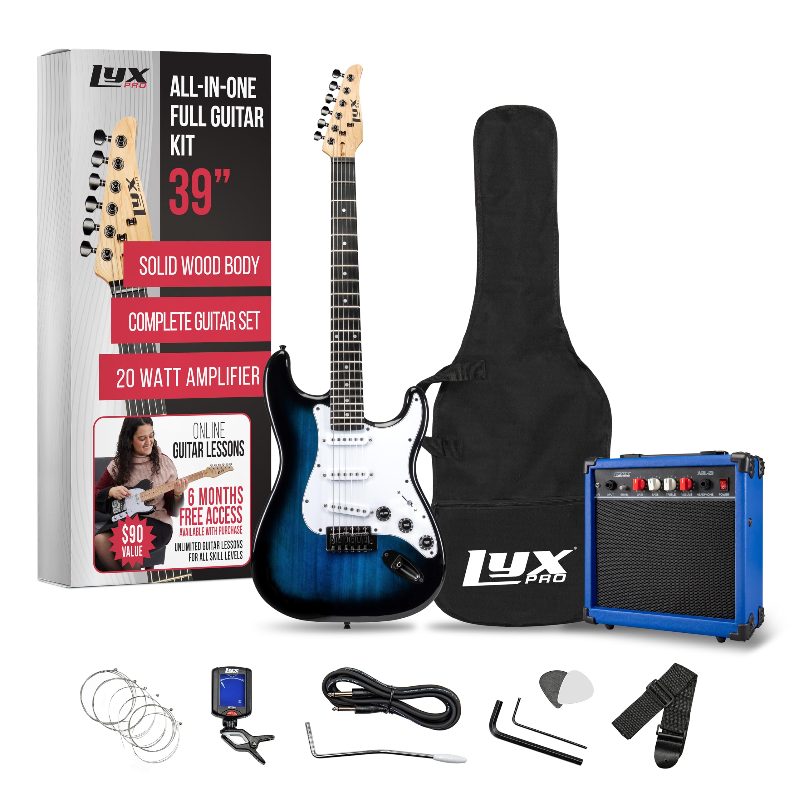 Lyxpro 39 Inch Electric Guitar Kit Bundle With 20W Amplifier, All Accessories, Digital Clip On Tuner, Six Strings, Two Picks, Tremolo Bar, Shoulder Strap, Case Bag Starter Kit Full Size   Blue