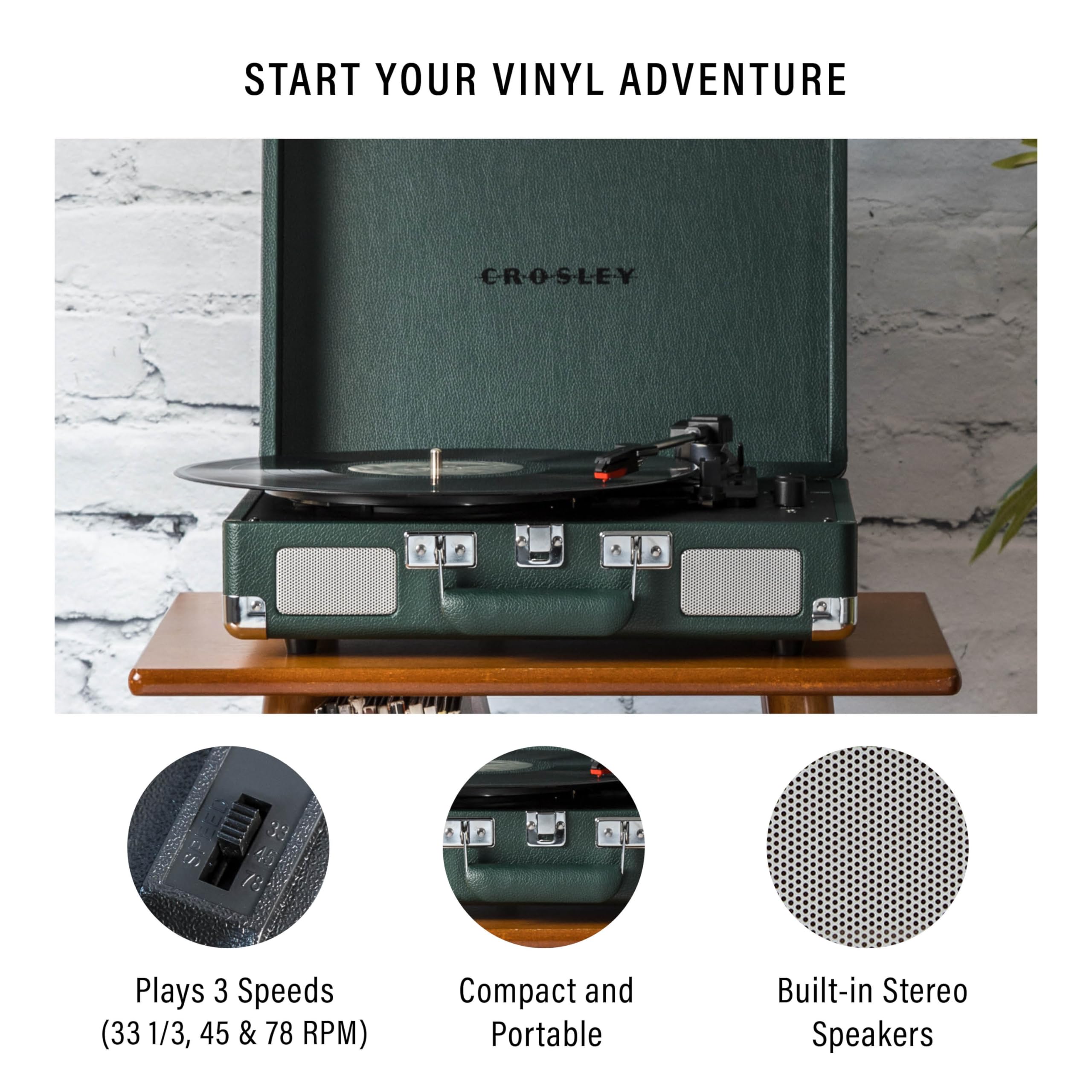 Crosley Cr8005F Em Cruiser Plus Vintage 3 Speed Bluetooth In/Out Suitcase Vinyl Record Player Turntable, Dark Emerald