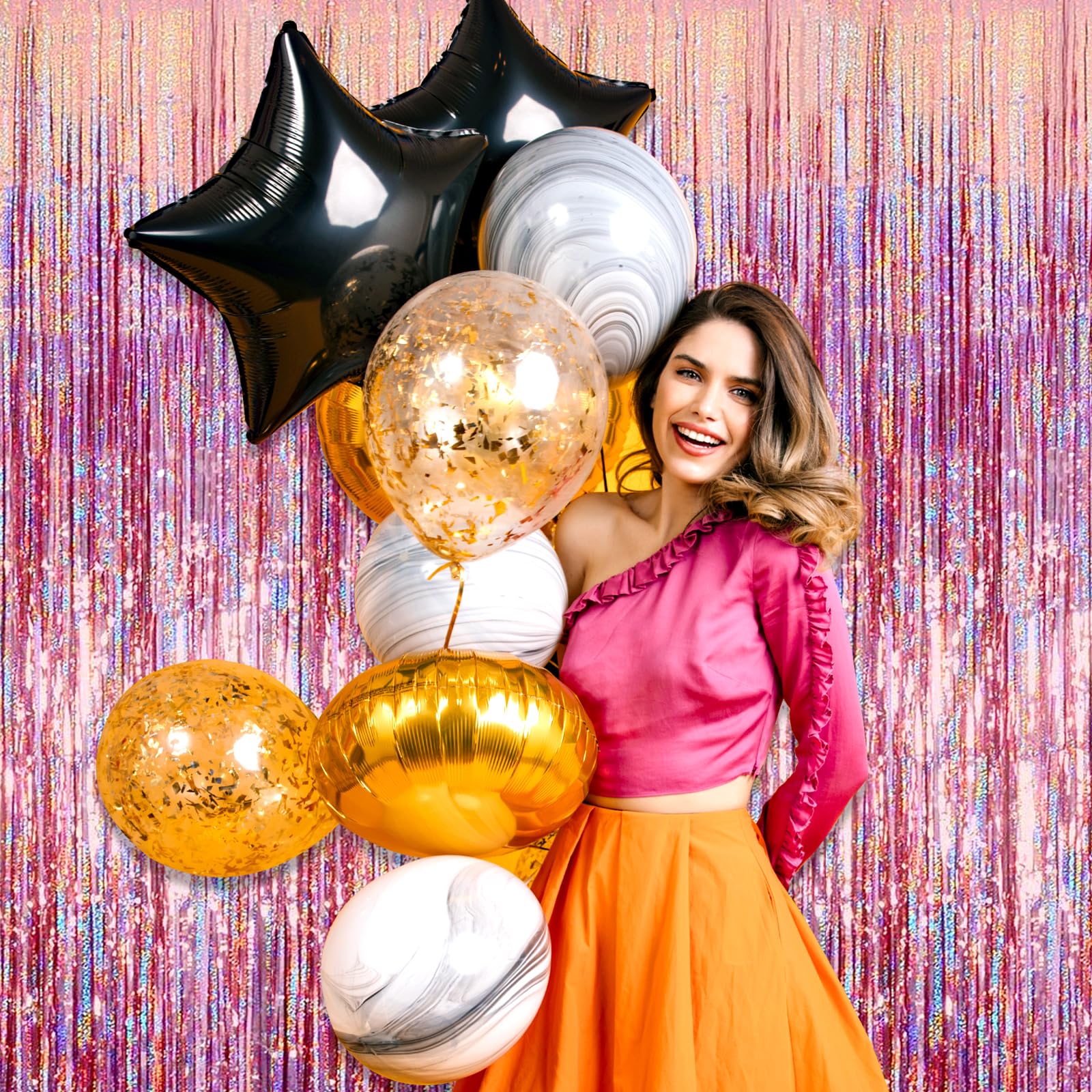 3 Pack Rose Gold Foil Fringe Curtain Backdrop, 3.28Ft X 8.2Ft Metallic Tinsel Foil Fringe Streamer Curtains For Photo Booth, Val