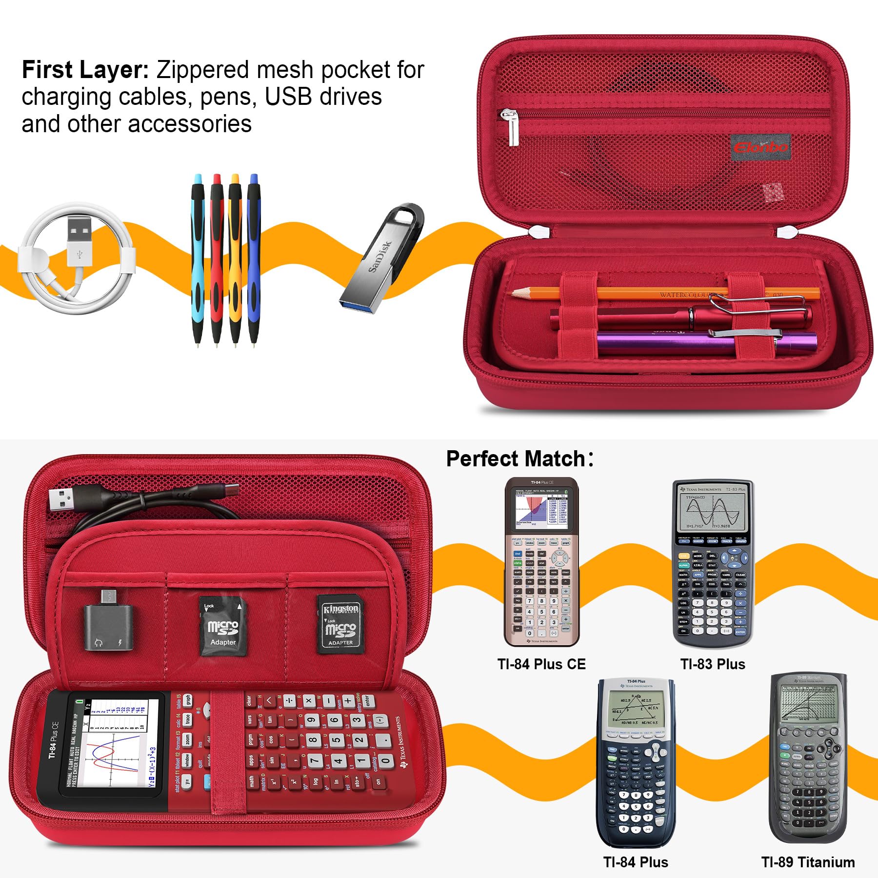 Elonbo Carrying Case For Texas Instruments Ti 84 Plus Ce/Ti 84 Plus/Ti 83 Plus Ce/Casio Fx 9750Gii Color Graphing Calculator, Extra Mesh Pocket Fits Charging Cable, Charger, Manual, Red