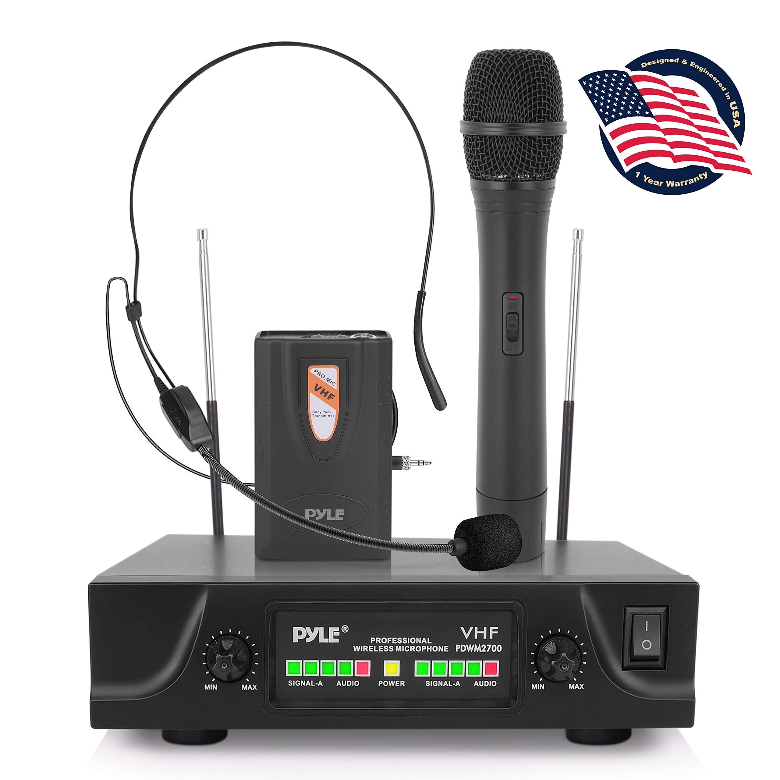 Pyle 2 Channel Vhf Wireless System Battery Operated, Handheld Microphone & One Belt Pack Transmitter With Headset Mic, Rack Moun