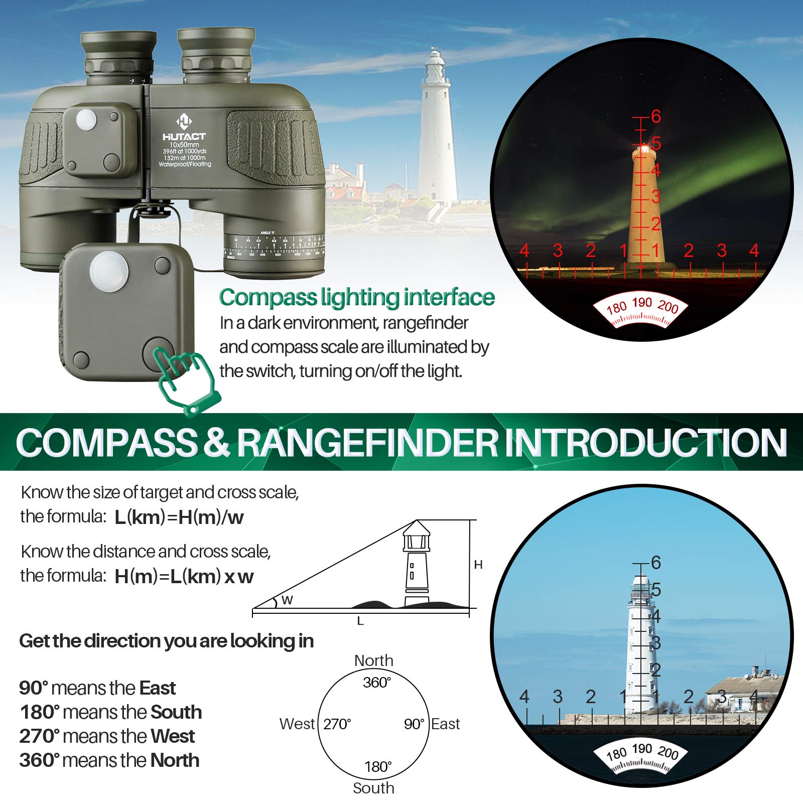 Hutact 10X50 Marine Binoculars For Adults: Professional Binoculars With Rangefinder And Compass, Waterproof Fogproof Bak4 Fmc Le