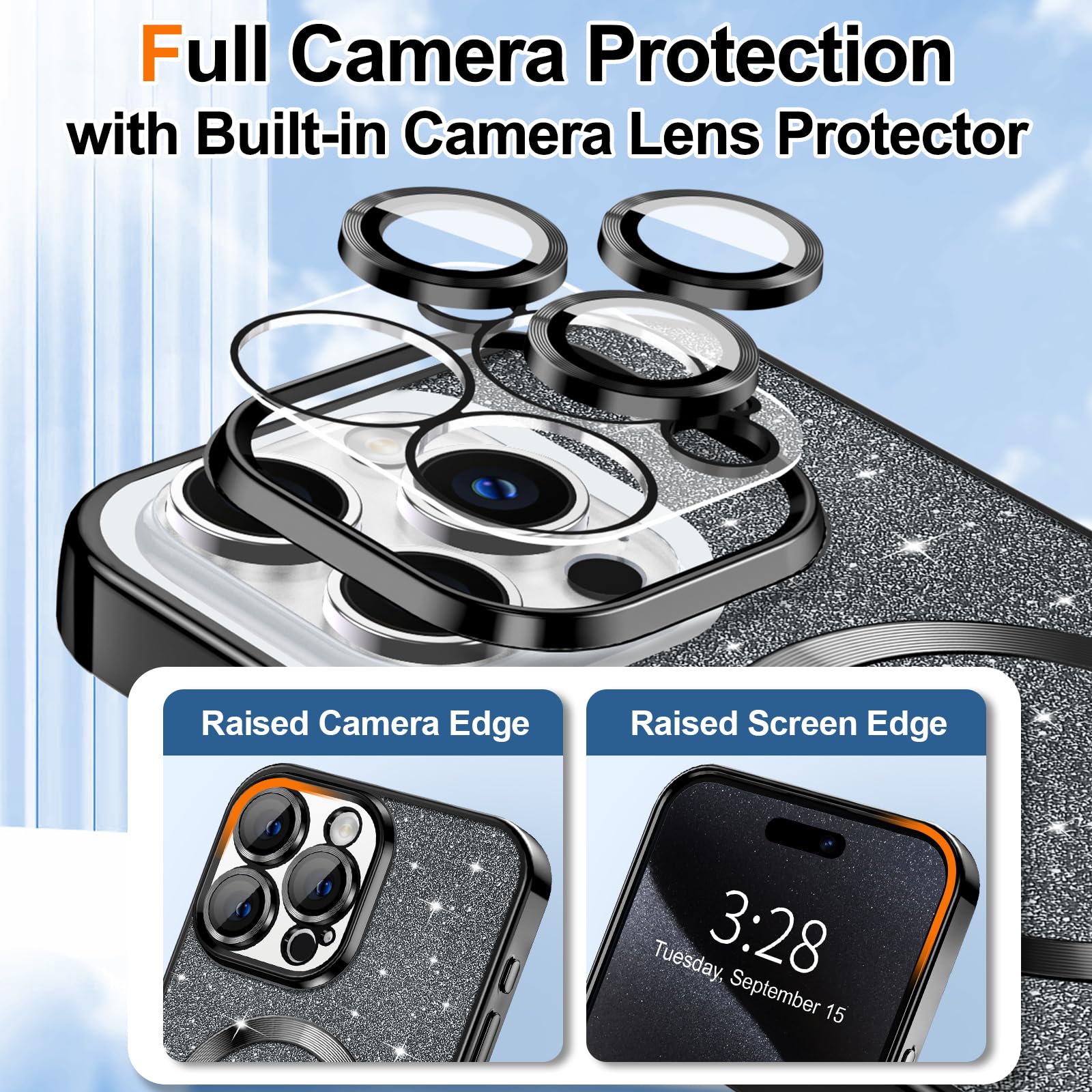 Hython For Iphone 15 Pro Case Glitter, Clear Magnetic Phone Cases With Camera Lens Protector [Compatible With Magsafe] Bling Spa