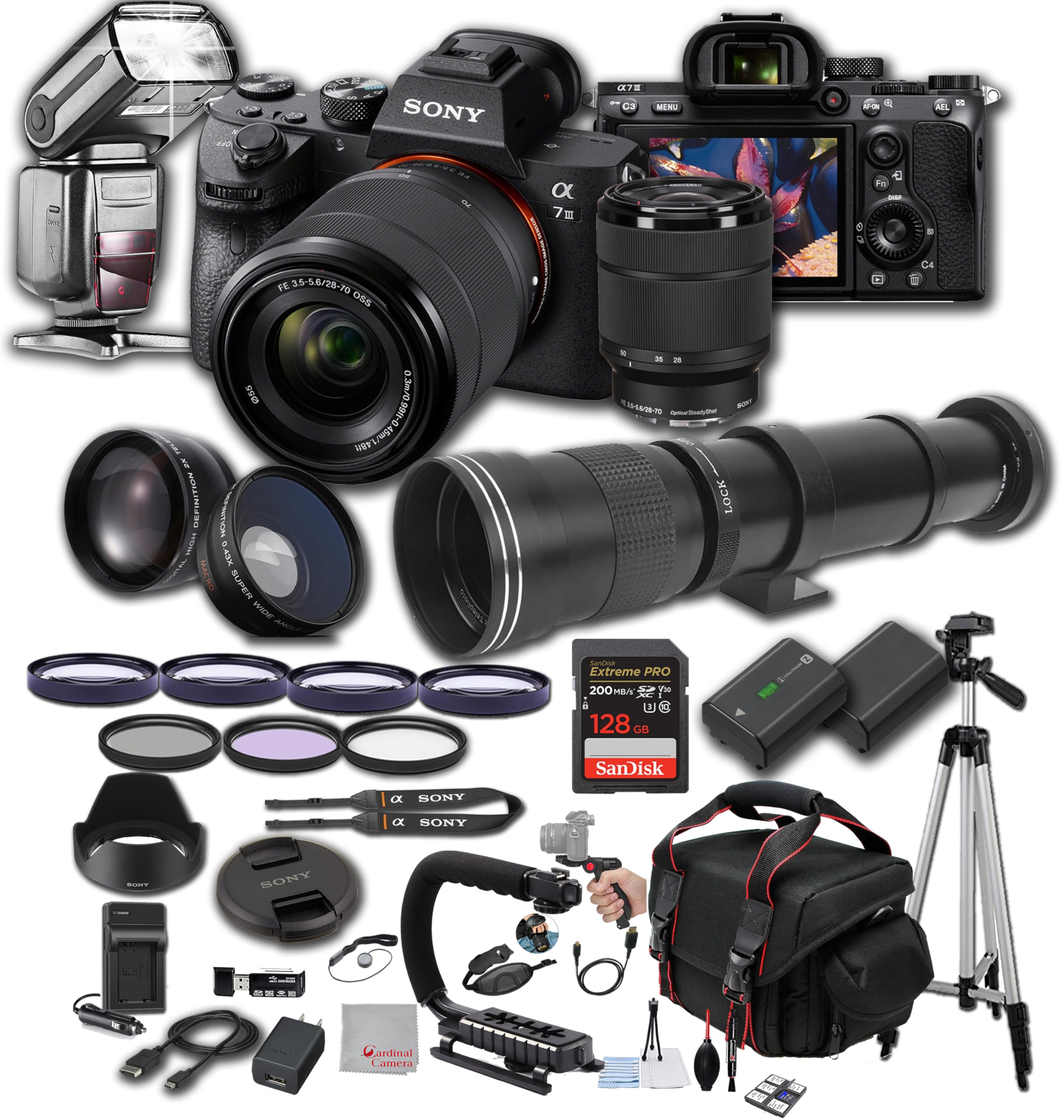 Sony a7 III w/ 28-70mm Lens, 128GB Extreme Memory, 420-800mm Super Telephoto Lens, TTL Pro Flash, Filters, Lenses, Case Tripod, 
