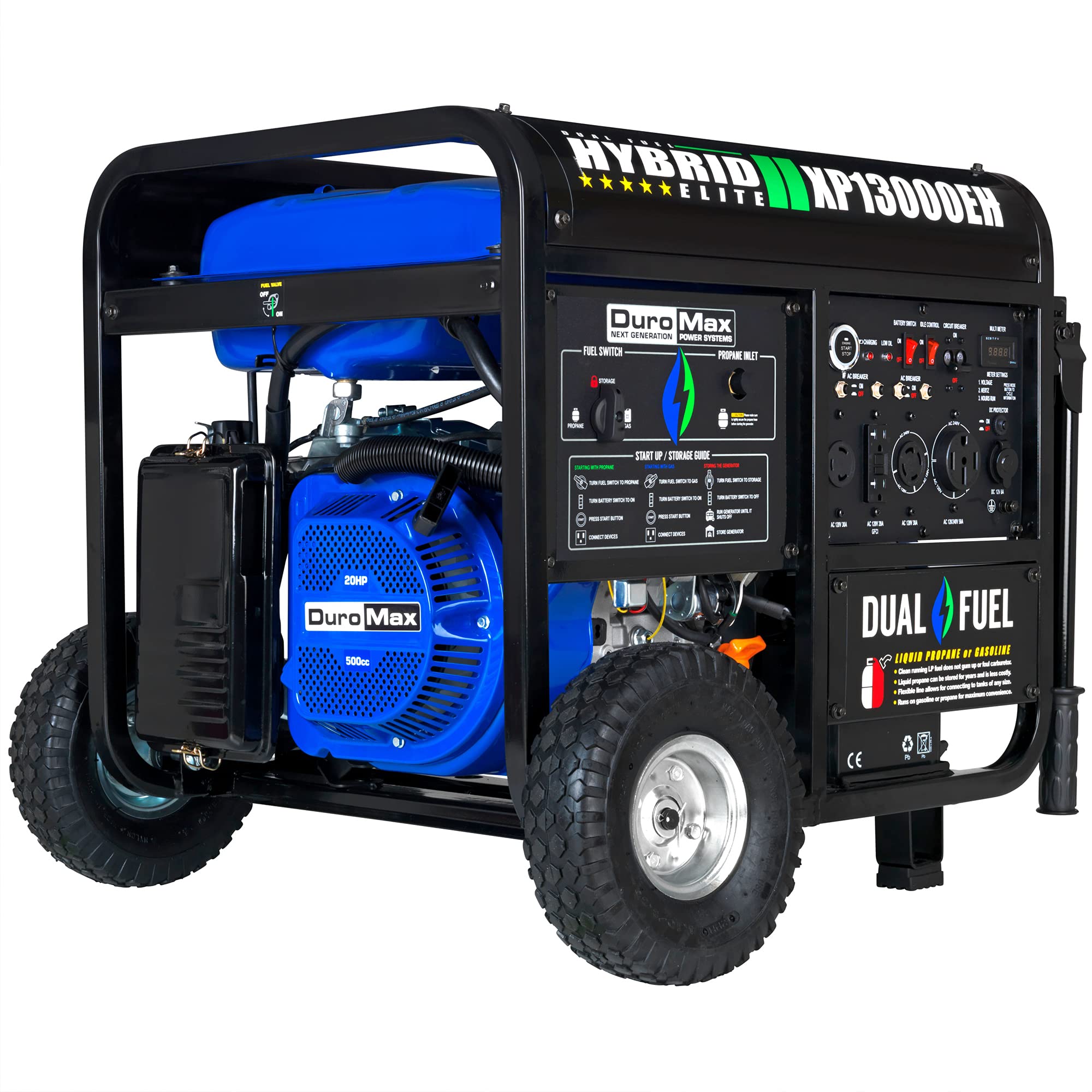 Duromax Xp13000Eh Dual Fuel Portable Generator 13000 Watt Gas Or Propane Powered Electric Start Home Back Up, Blue/Gray
