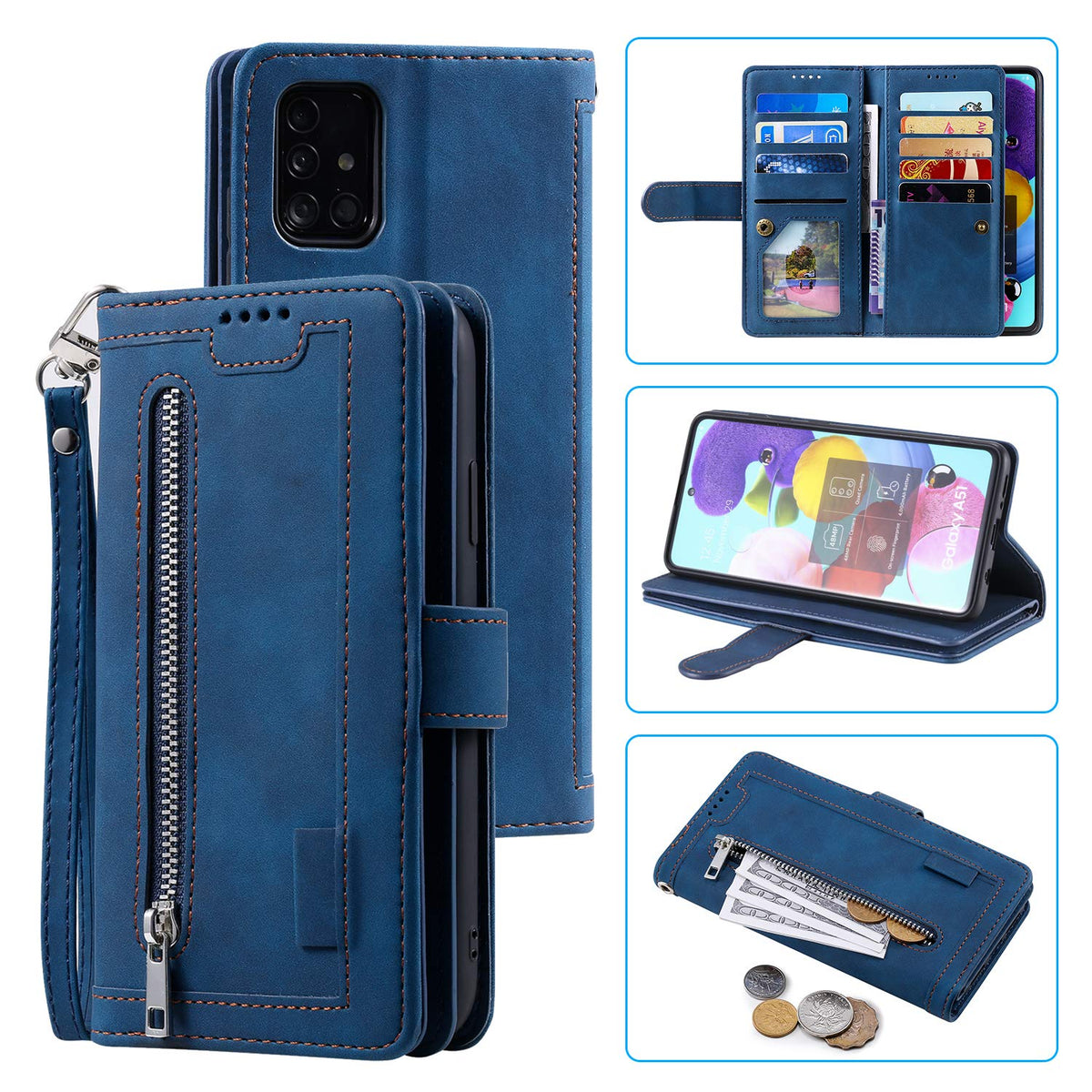 Ueebai Wallet Case For Samsung Galaxy A53 5G, Retro 9 Card Holder Slots Zipper Pocket Handbag Case Pu Leather Magnetic Closure K