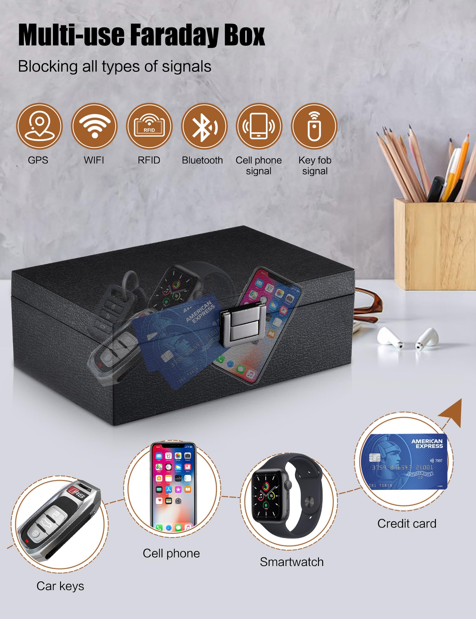 Whonor Faraday Box, Rfid Key Fob Protector, Anti Theft Signal Blocking Shielding Cage With Faraday Pouch 2 Pack