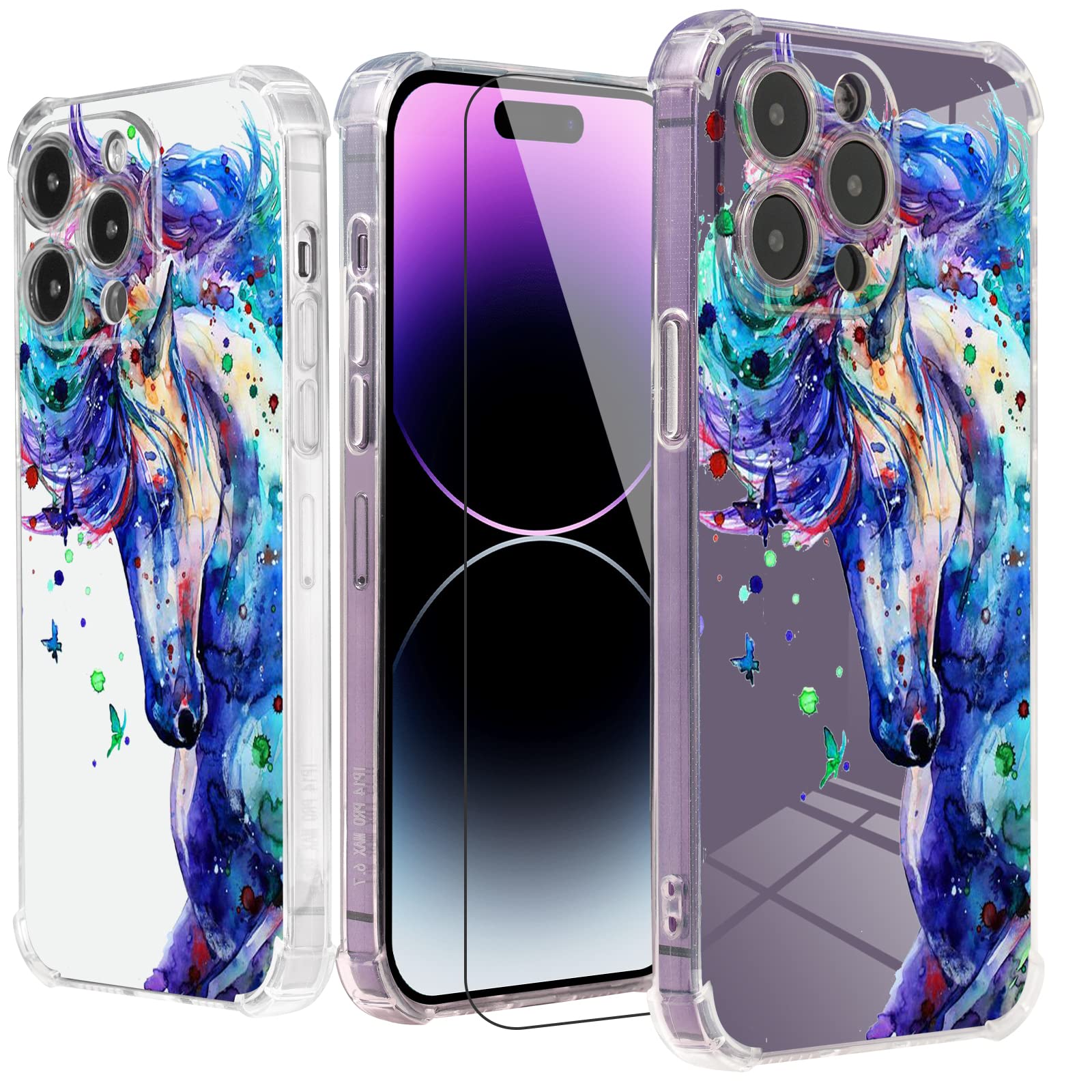 Roemary Purple Case For Iphone 14 With Blue Horse Design,Watercolor Pattern With Screen Protector [Buffertech 6.6 Ft Drop Impact