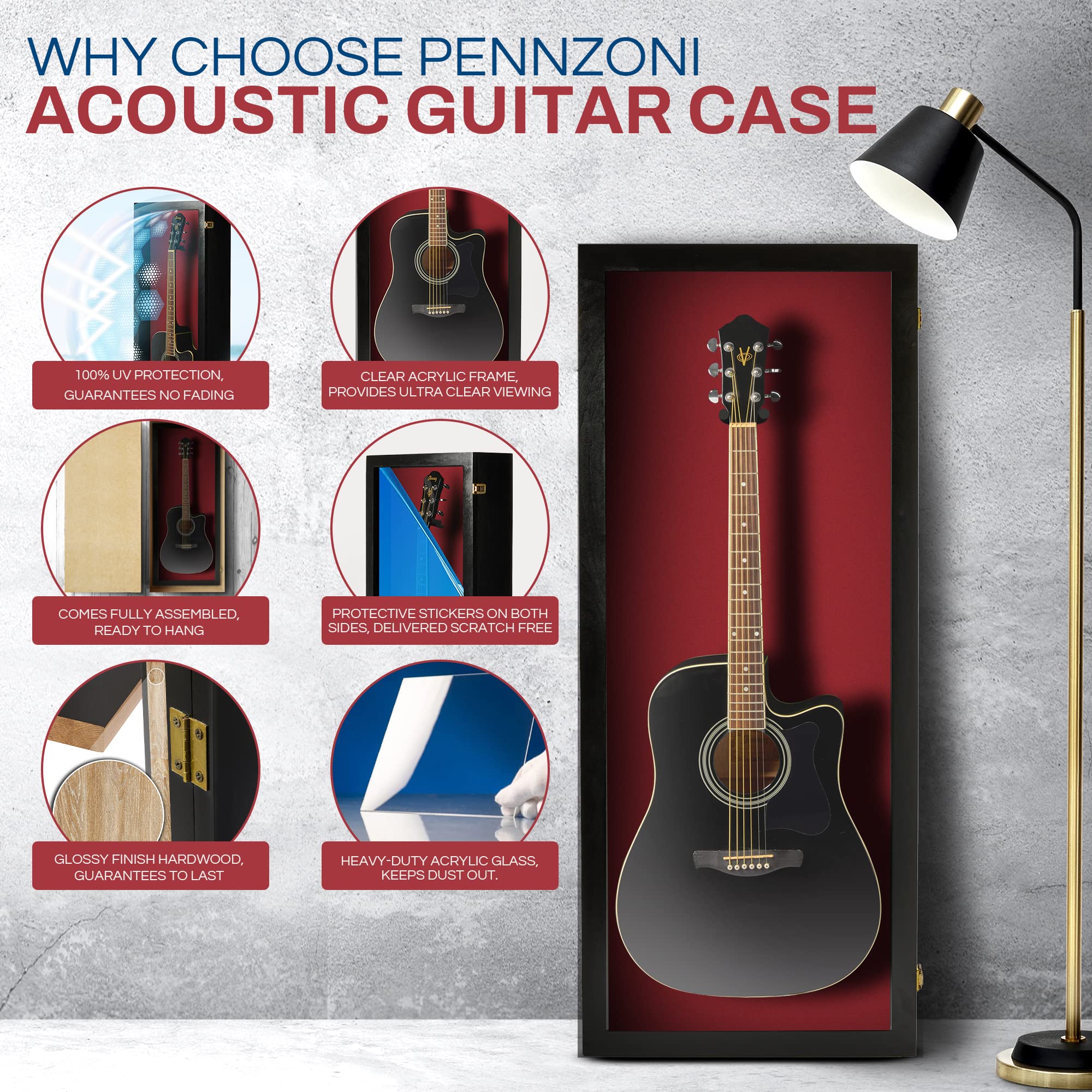 Pennzoni Acoustic Guitar Display Case - Acrylic Acoustic Guitar Case - Guitar Display Case Wall Mount Made From Hardwood Frame &