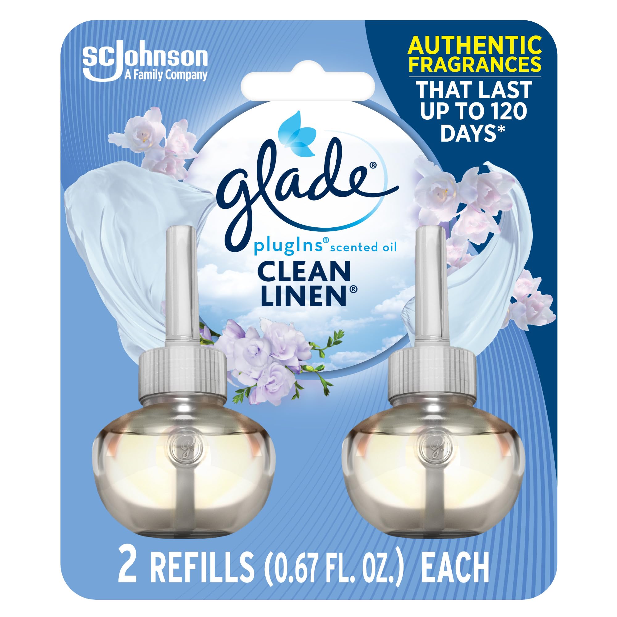 Glade Plugins Refills Air Freshener, Scented And Essential Oils For Home And Bathroom, Clean Linen, 1.34 Fl Oz, 2 Count