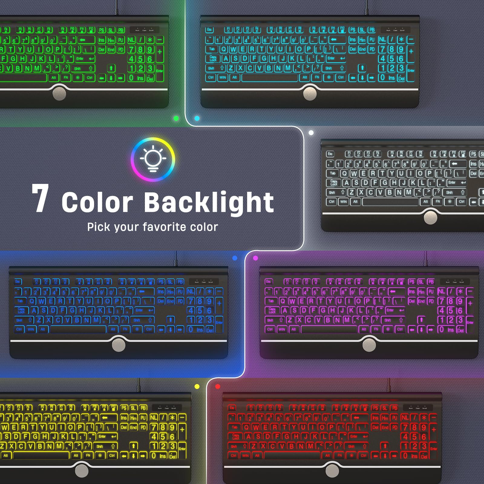 Kopjippom Computer Wired Keyboard, Large Print Backlit Keyboard With Wrist Rest, 7 Colors Backlit, Plug And Play, Foldable Stand