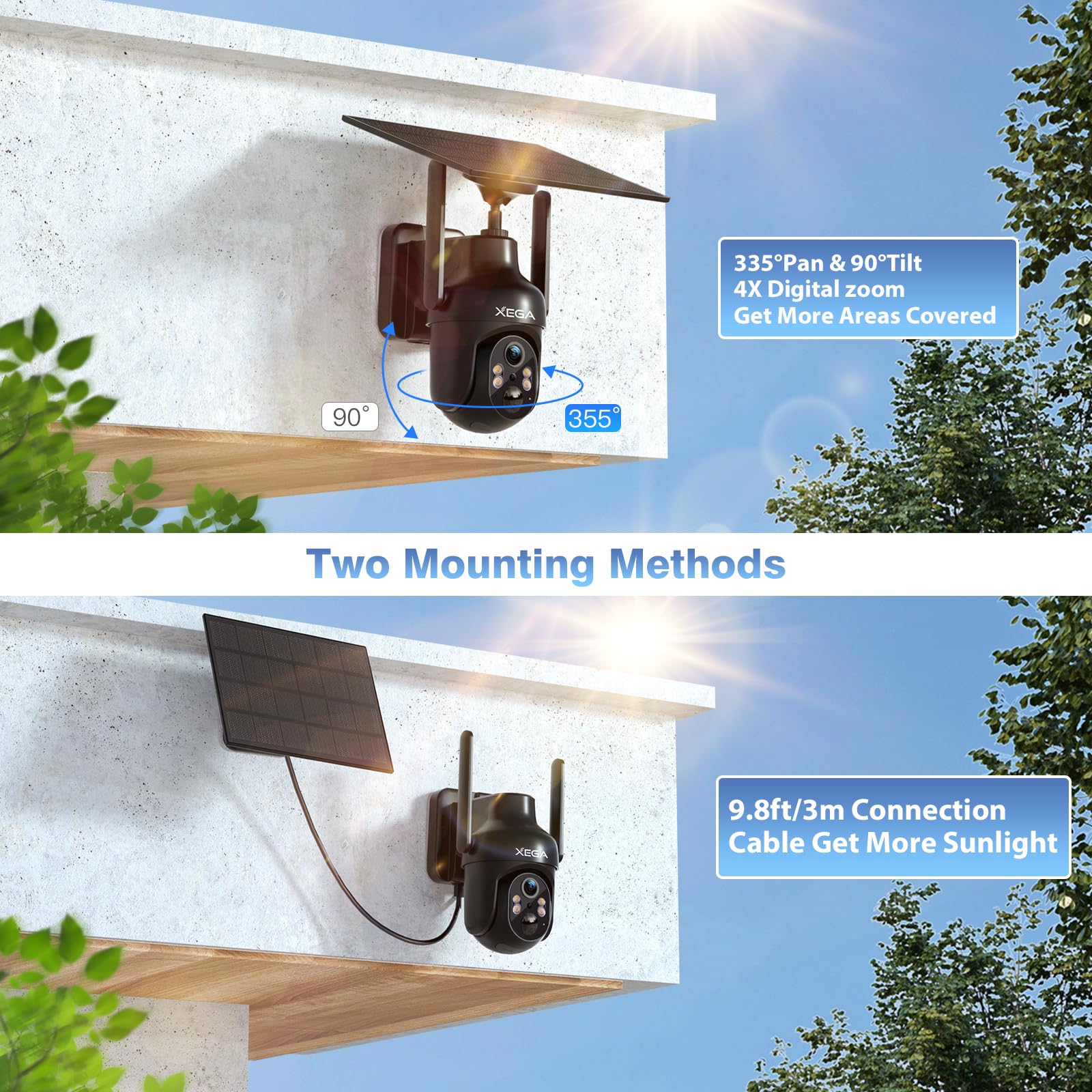 Xega 4 Pack Security Camera Wireless Outdoor, 2K Ptz Camera Wifi Surveillance Rechargeable Battery With Solar Panel, Color Night