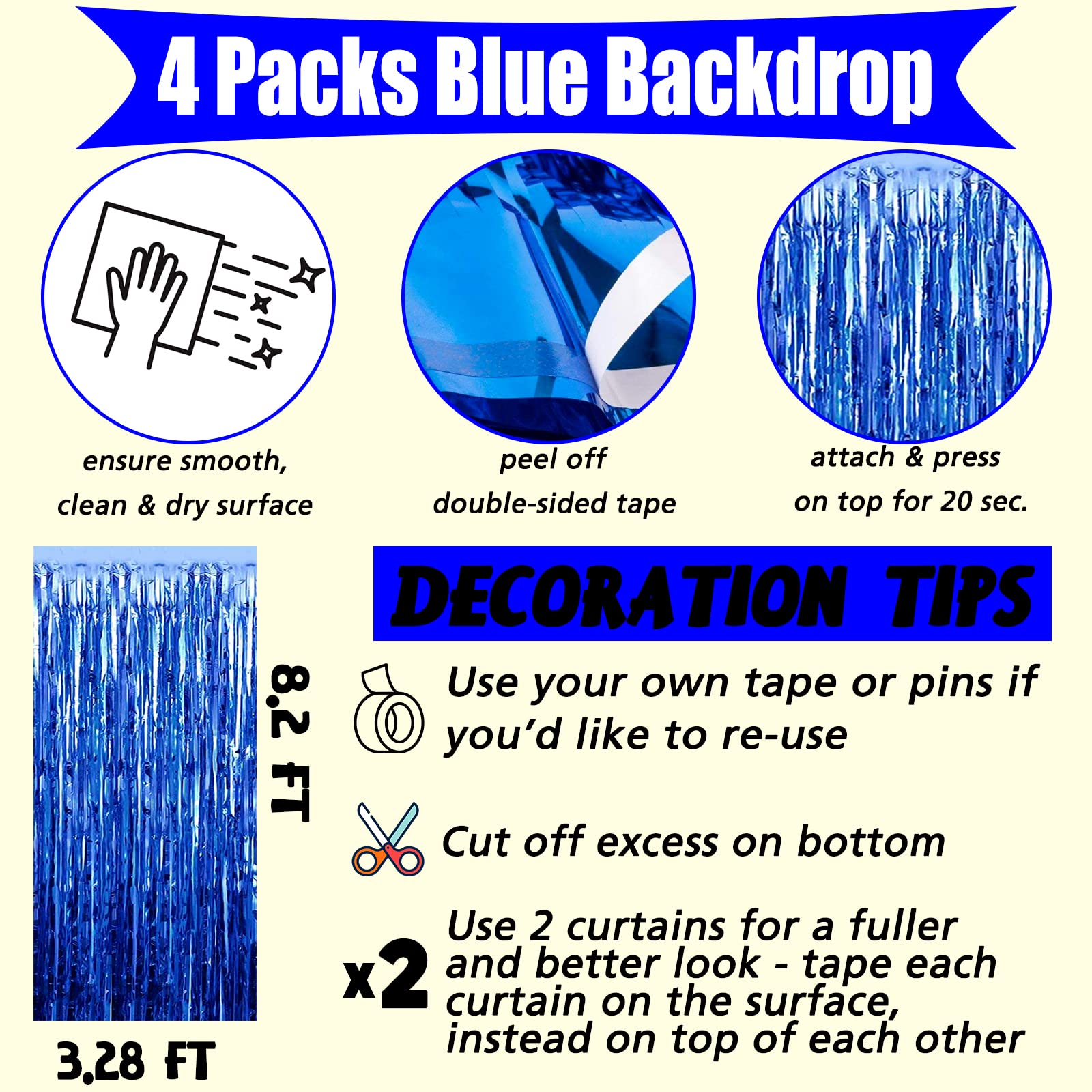 4 Pack Blue Fringe Curtain Backdrop, 3.2Ft X 8.2Ft Metallic Tinsel Foil Fringe Streamers Background For Photo Booth Birthday Wed