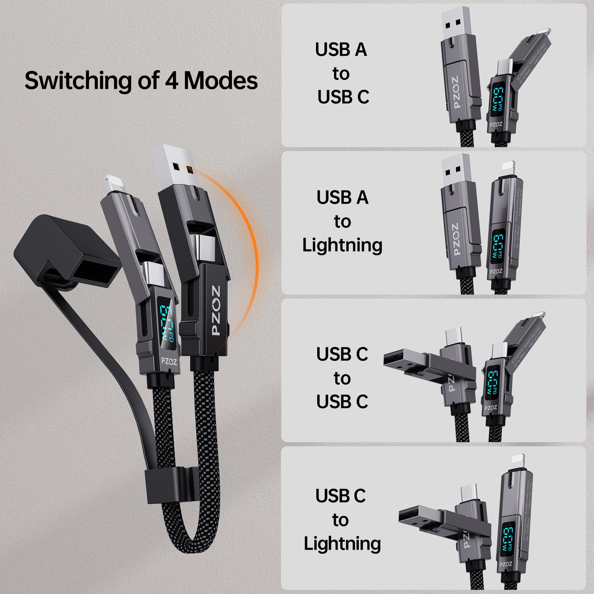 Pzoz Multi Charging Cable Keychain Charger Cable With Led Display, 4 In 1 Multi Usb C Fast Charging Combo Lightning/Type C/Usb A
