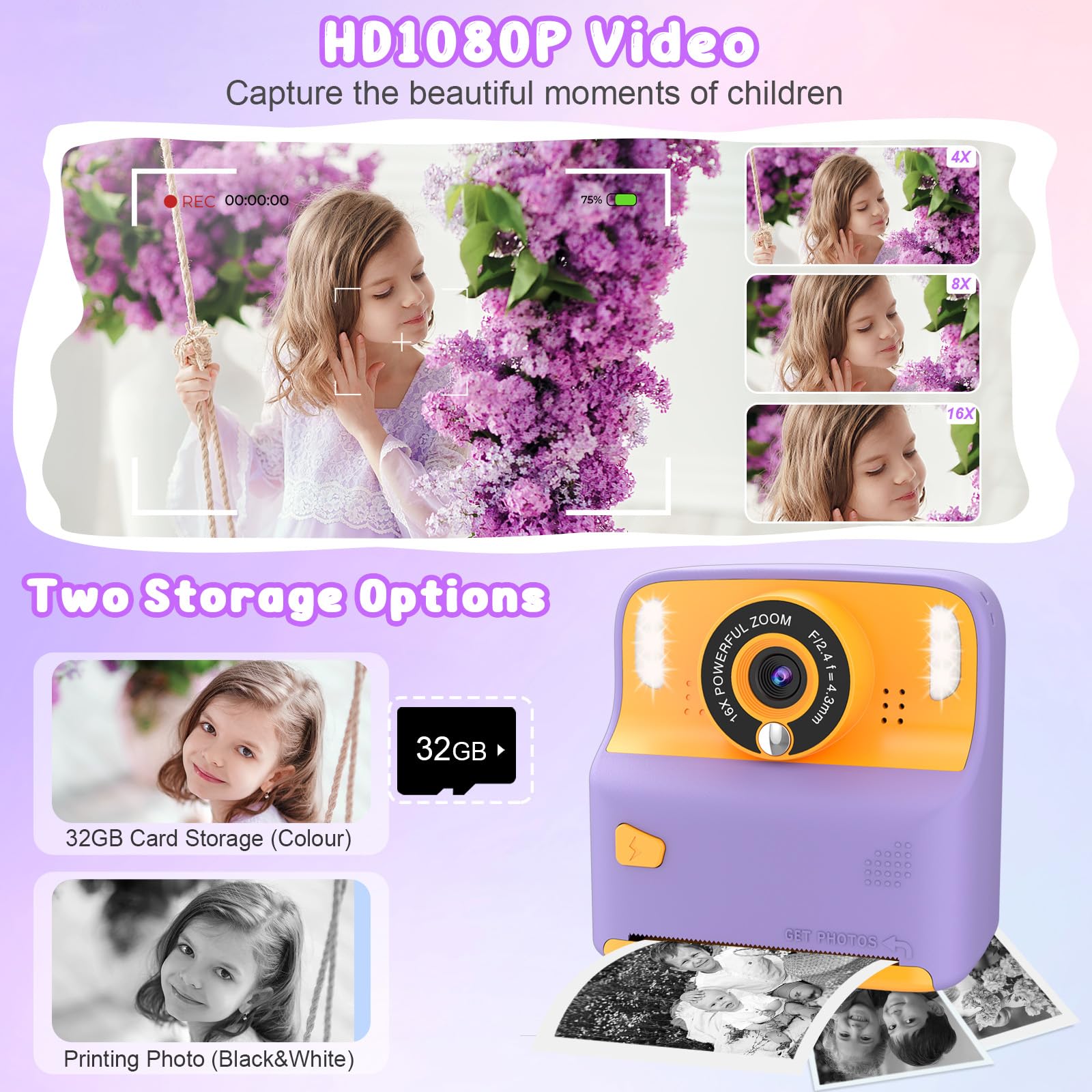 Instant Print Camera For Kids, Christmas Birthday Gift For 3 12 Year Old Girls Boys, Children Digital Camera Print Black And Whi