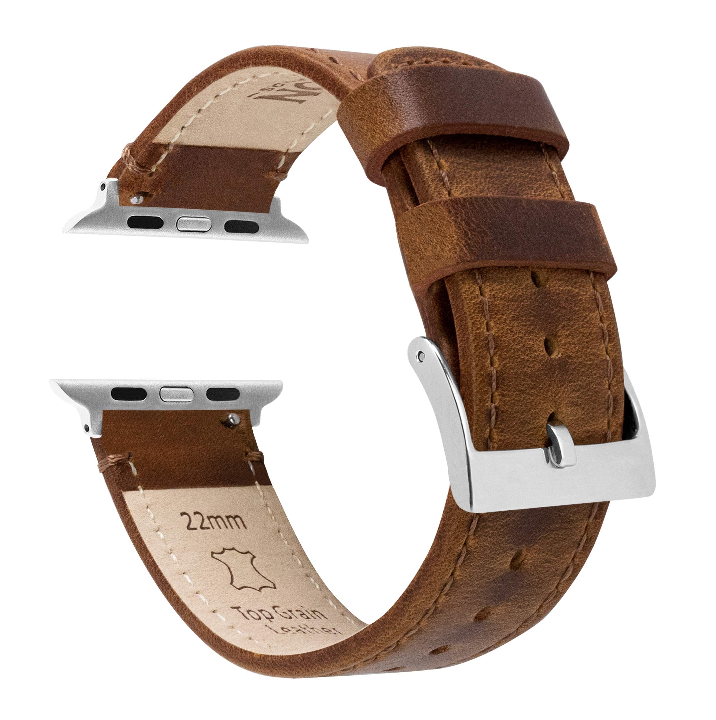 Barton Watch Bands   Caramel Tan Leather & Stitching Top Grain Leather Watch Bands Compatible With Apple Watch Models   1, 2, 3,