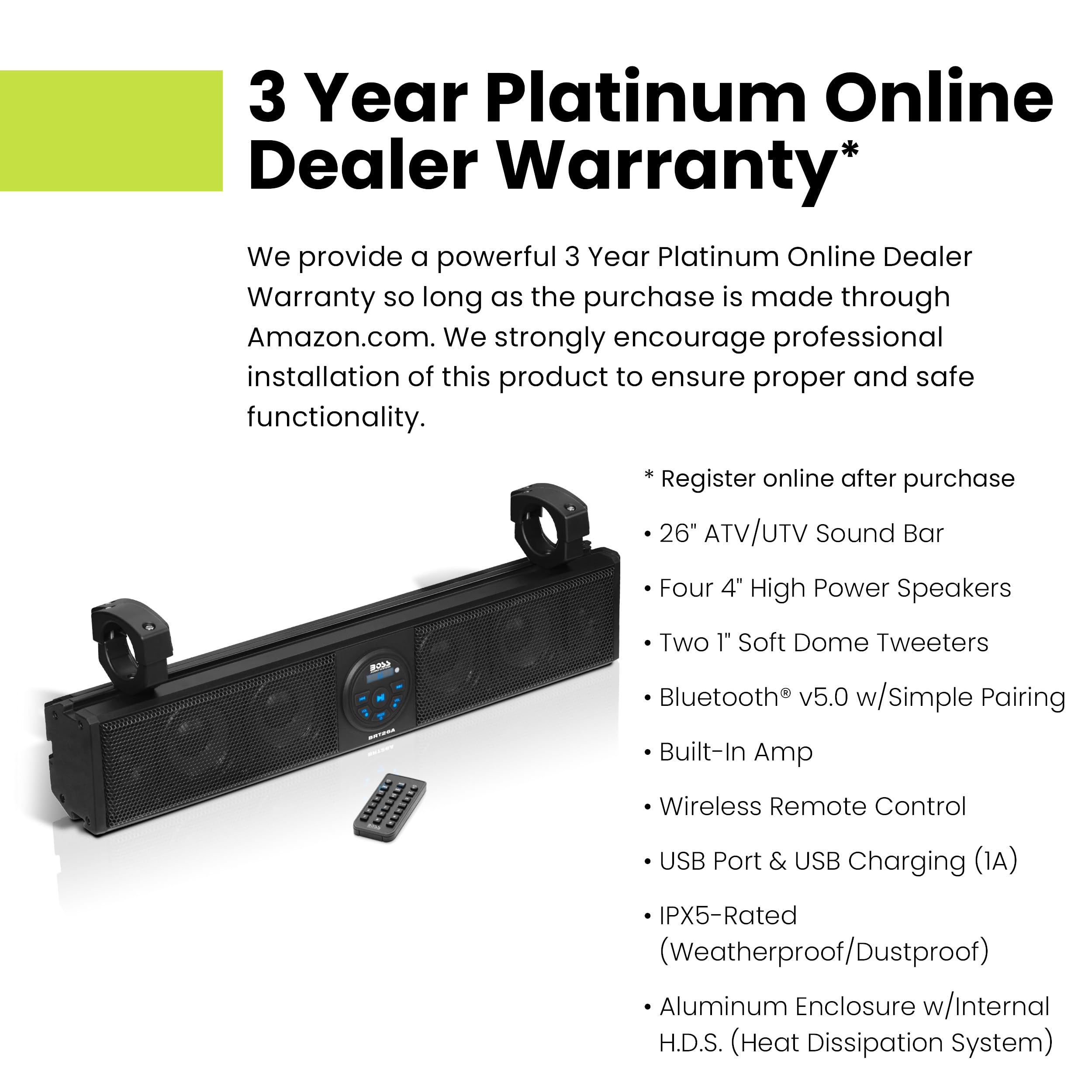 Boss Audio Systems Brt26A Atv Utv Sound Bar   26 Inch Wide, 4 Inch Speakers, 1 Inch Soft Dome Tweeters, Full Range, Ipx5 Weather