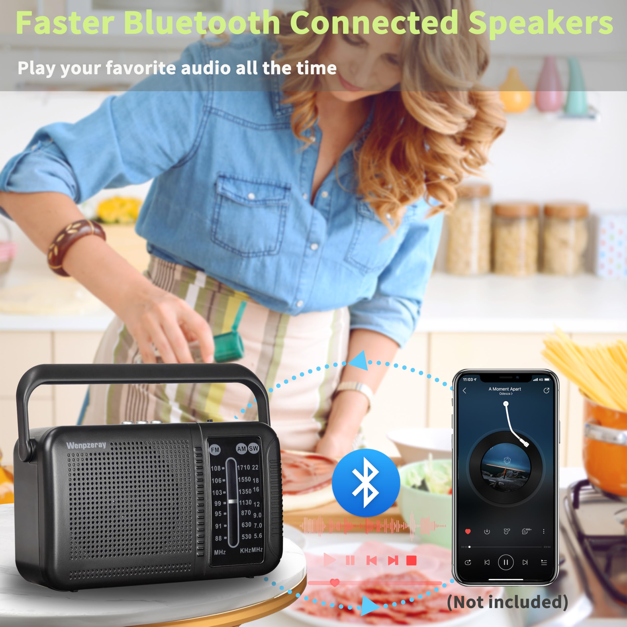 WENPZERAY Shortwave AM FM Radio - Retro Bluetooth Speaker, Great Reception, Battery Powered, TF Card/USB Play, Small, Black