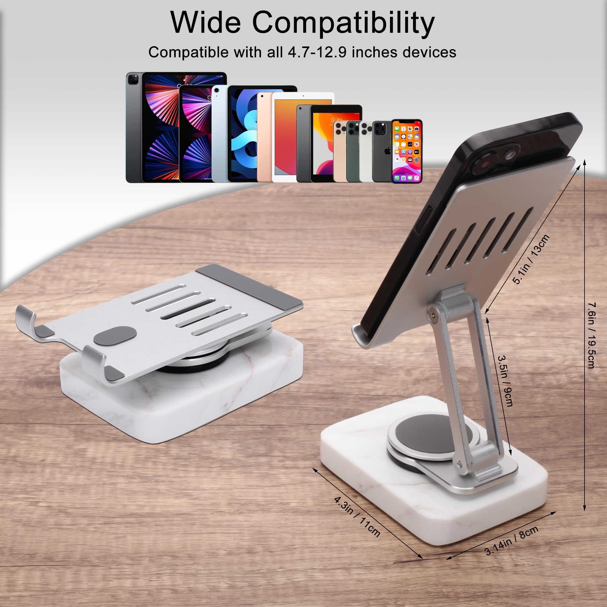 Worhe Cell Phone Stand Sturdy Marble Base 360Rotation Phone Stand For Desk Foldable Aluminum Desktop Compatible With All Mobile