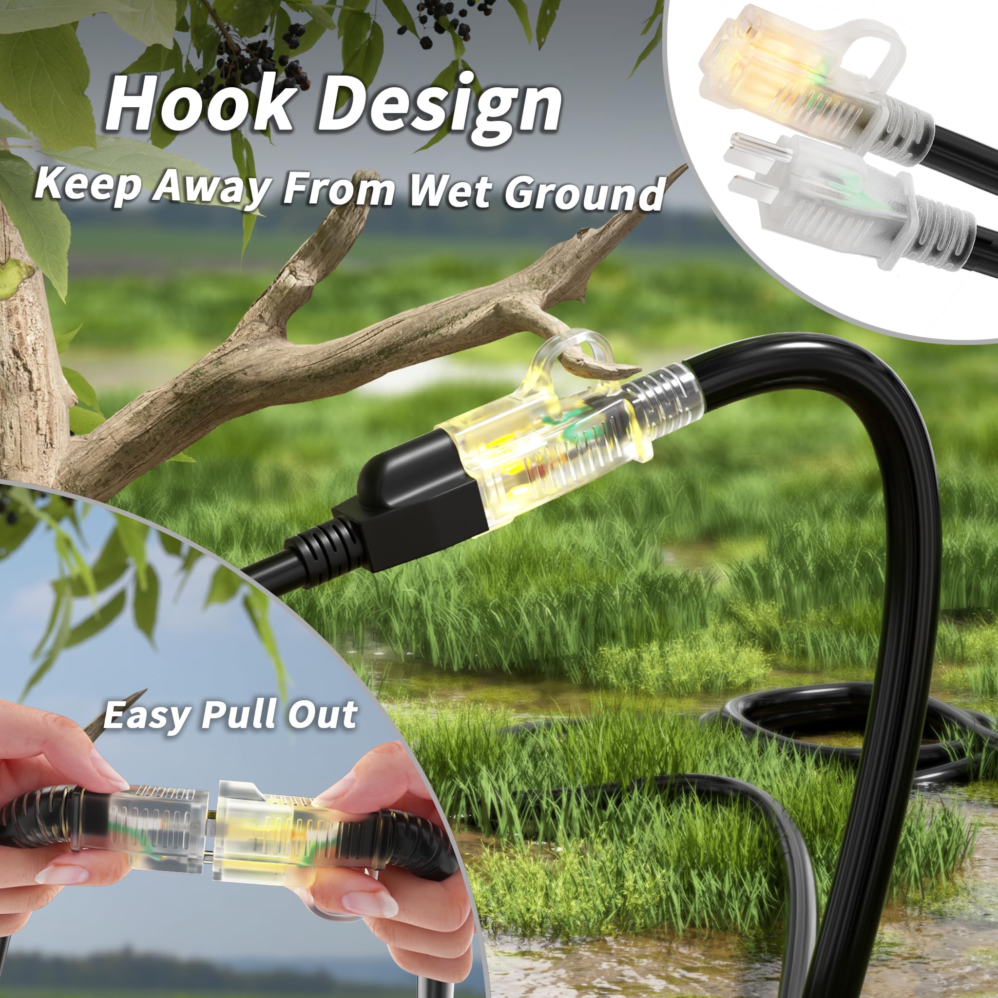 Plugsaf 16/3 Gauge Black Outdoor Extension Cord 300 Ft Waterproof With Lighted Indicator, Cold Weatherproof  40C, Flexible 3 Pro