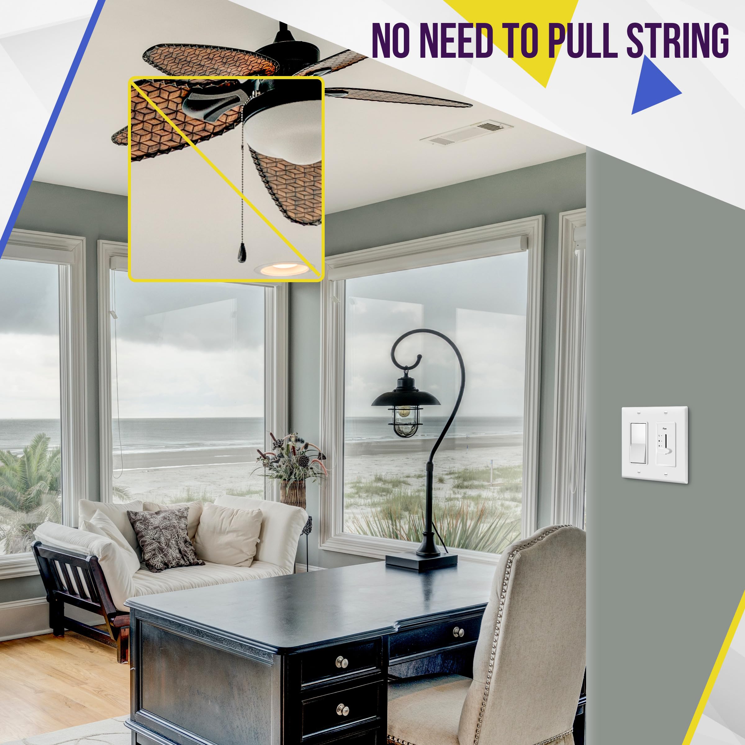 Enerlites 3 Speed In Wall Ceiling Fan Control, Slide Switch, 120Vac, 2.5A, Single Pole, No Neutral Wire Required, 17000 F3 W F,