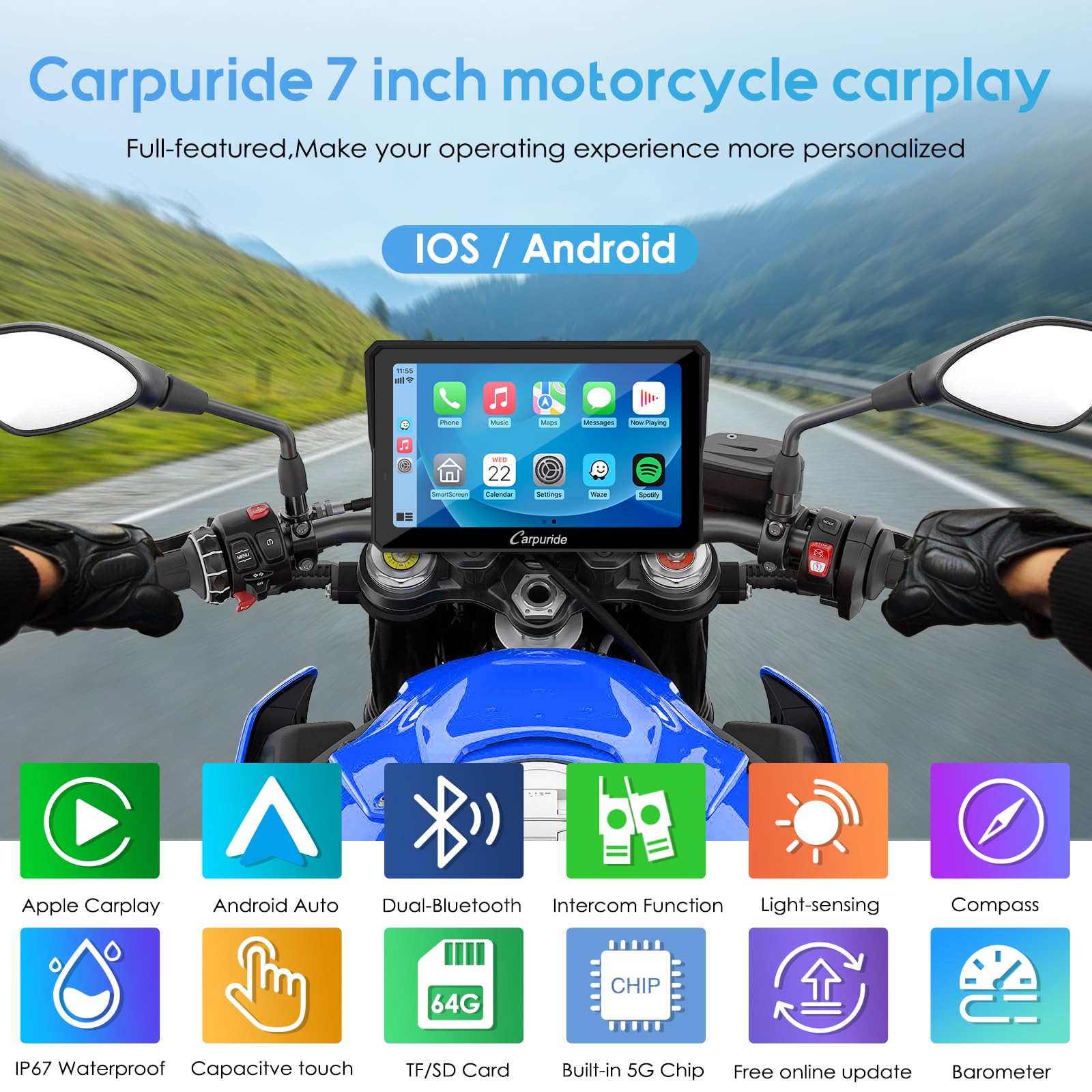 Carpuride W702Pro For Motorcycle Carplay& Android Auto& Dual Bluetooth - 7'' Waterproof Gps Navigation Screen For Motorbike, Mus