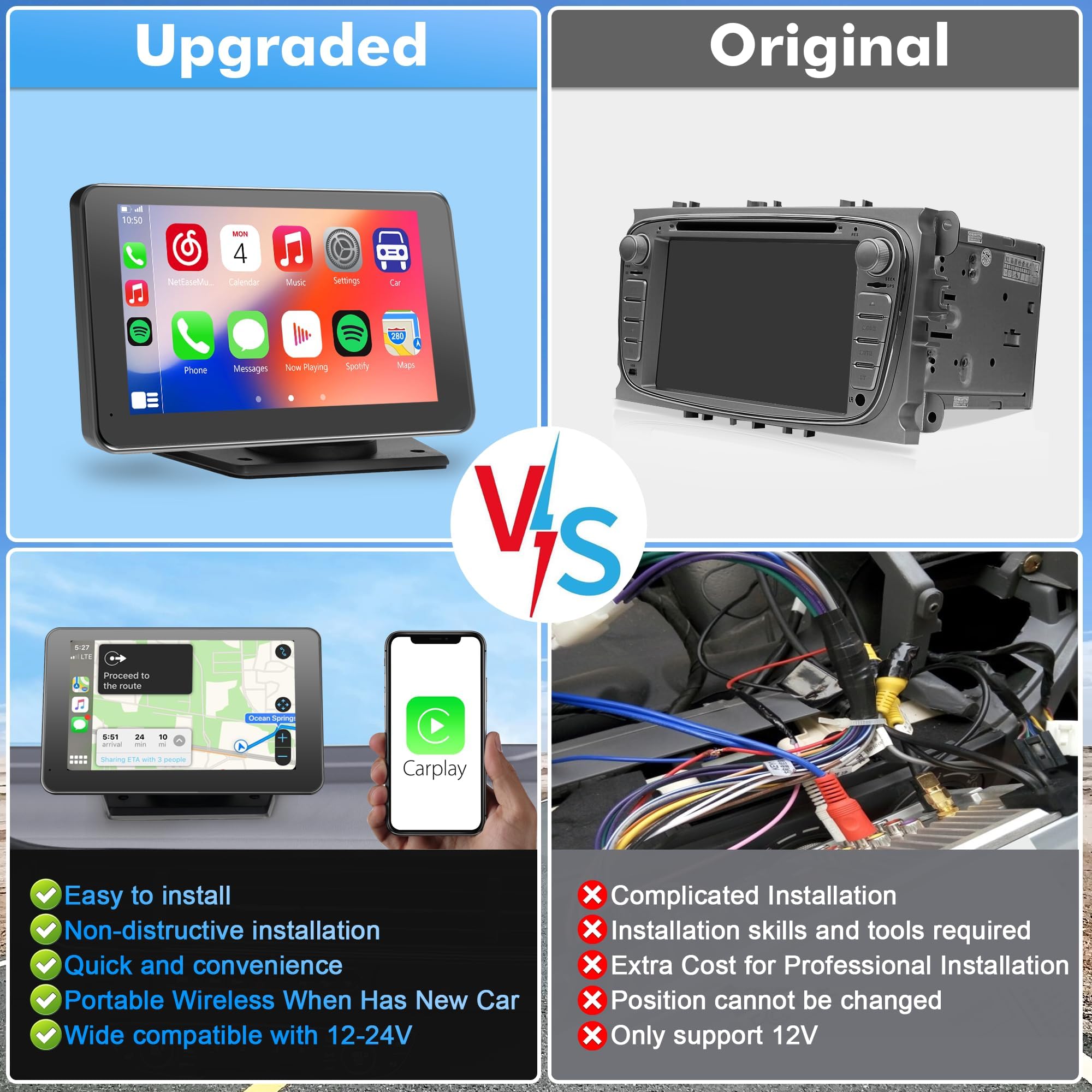 ?Hieha? 2024 Newest Wireless Portable Carplay And Android Auto, Carplay Screen For Car With Mirror Link/Aux/Fm,7'' Touchscreen B