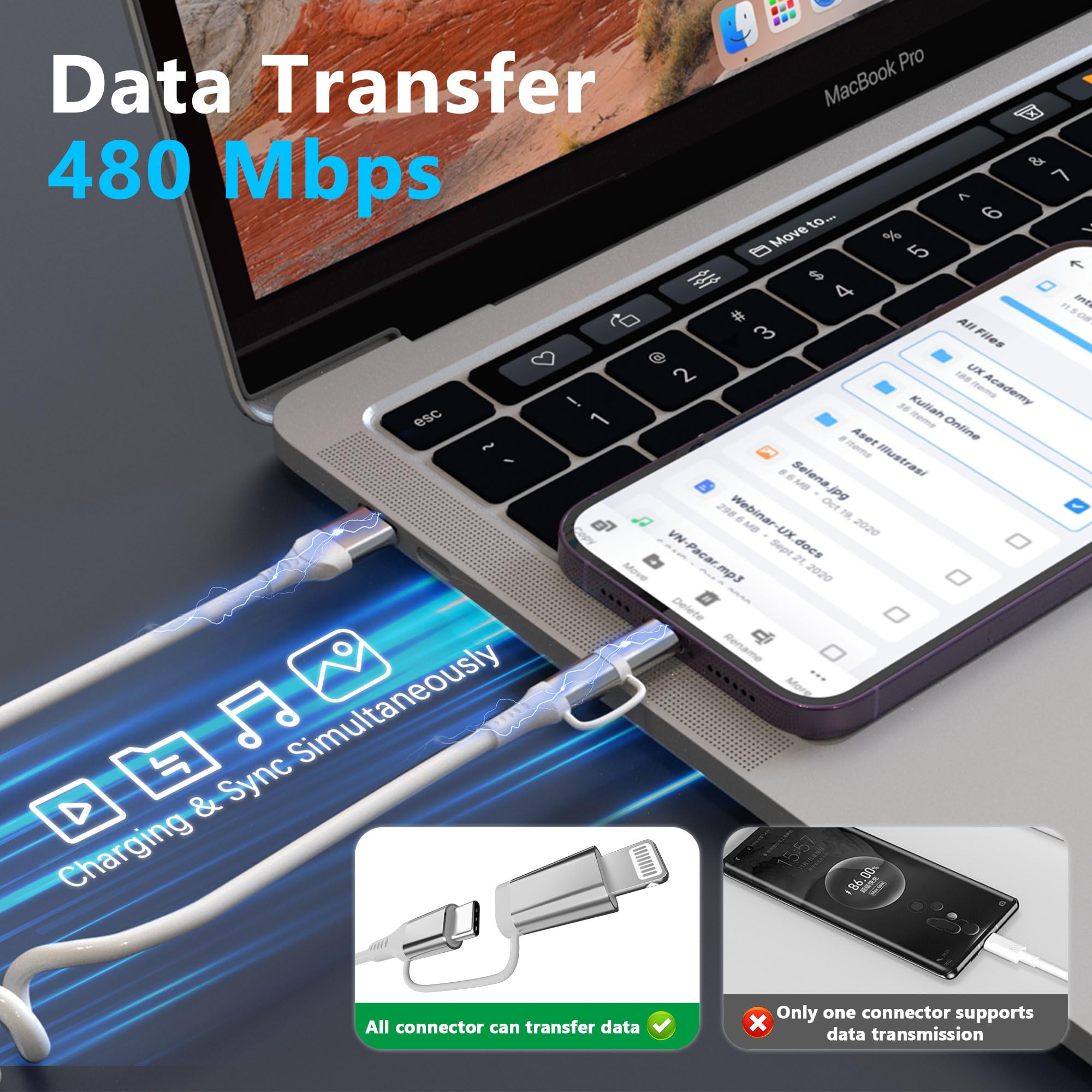Usb To Usb C And Lightning Cable Coiled 2 In 1,[Mfi Certified] Apple Carplay & Android Auto Cable With 3A Fast Charging & Data Sync,Short Usb To Lightning Cable For Iphone 16/15/14/13/12 Galaxy White