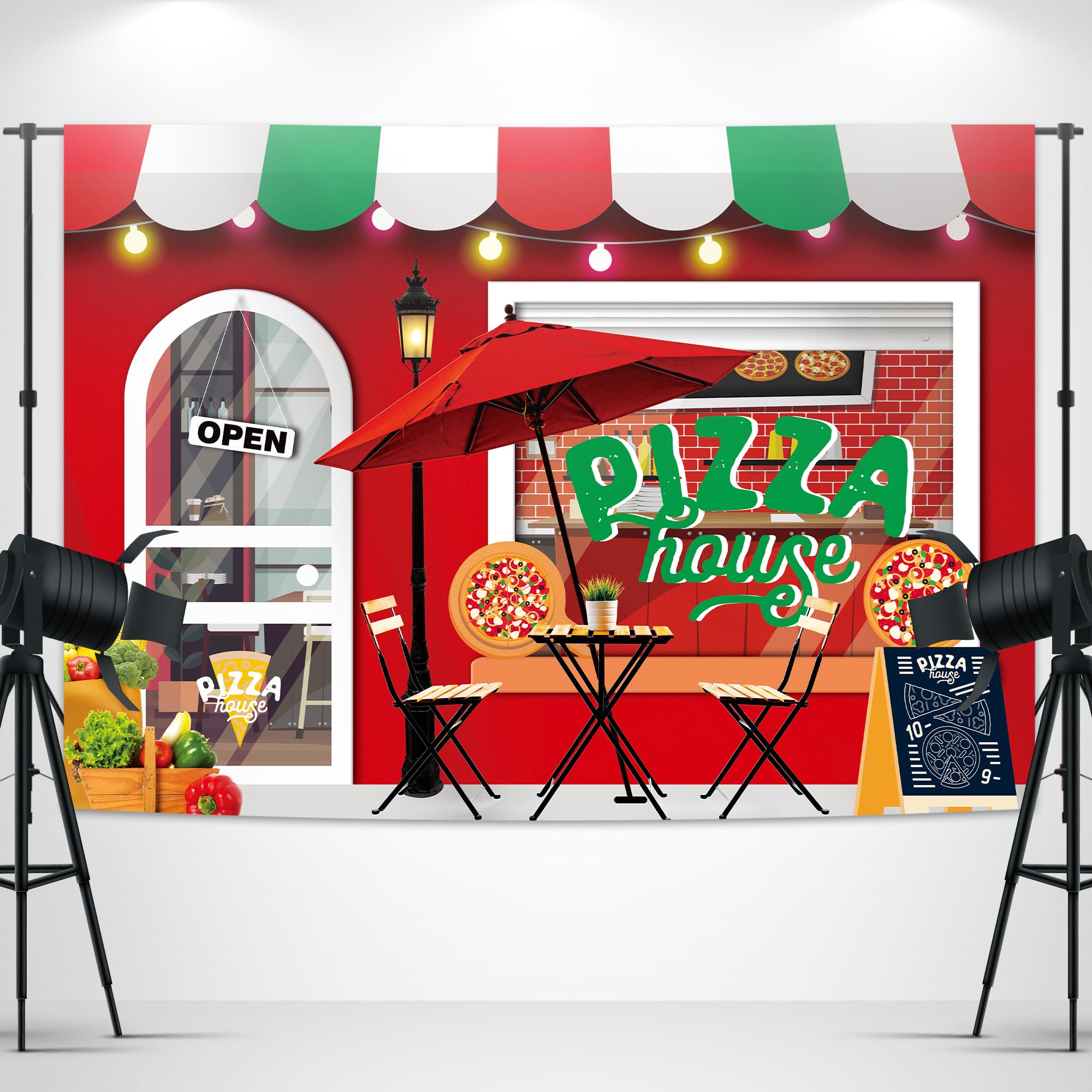 Glawry Pizza Shop Backdrop 7Wx5H Feet Kids Vegetables Fruits Boys Girls Cooking Theme Vintage Pizzeria Shop Party Birthday Baby
