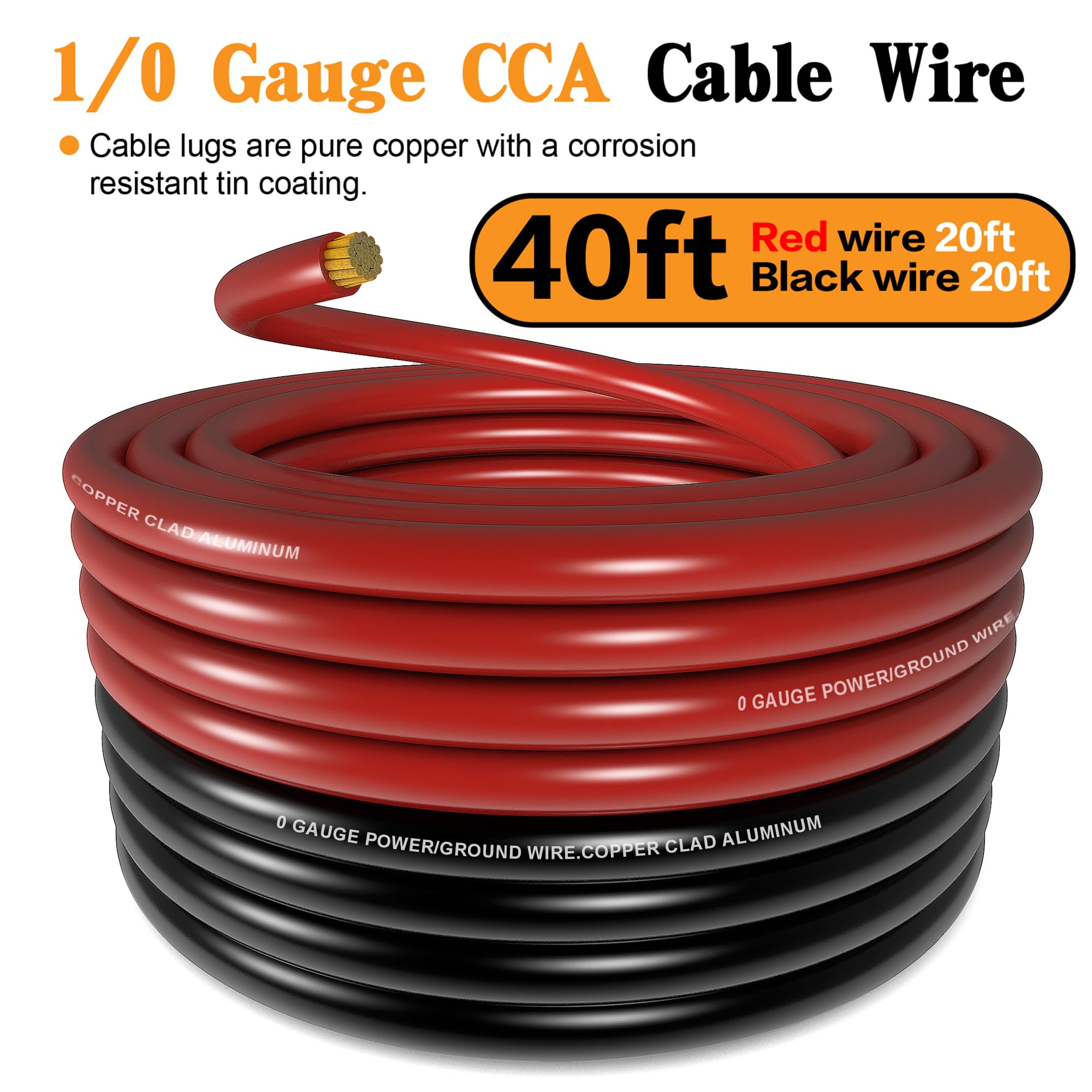 Taukealugs 1/0 Gauge Wire Copper Clad Aluminum Cca 40Ft Black/Red With 0Ga Terminals And Heat Shrink Tube   Primary Automotive B
