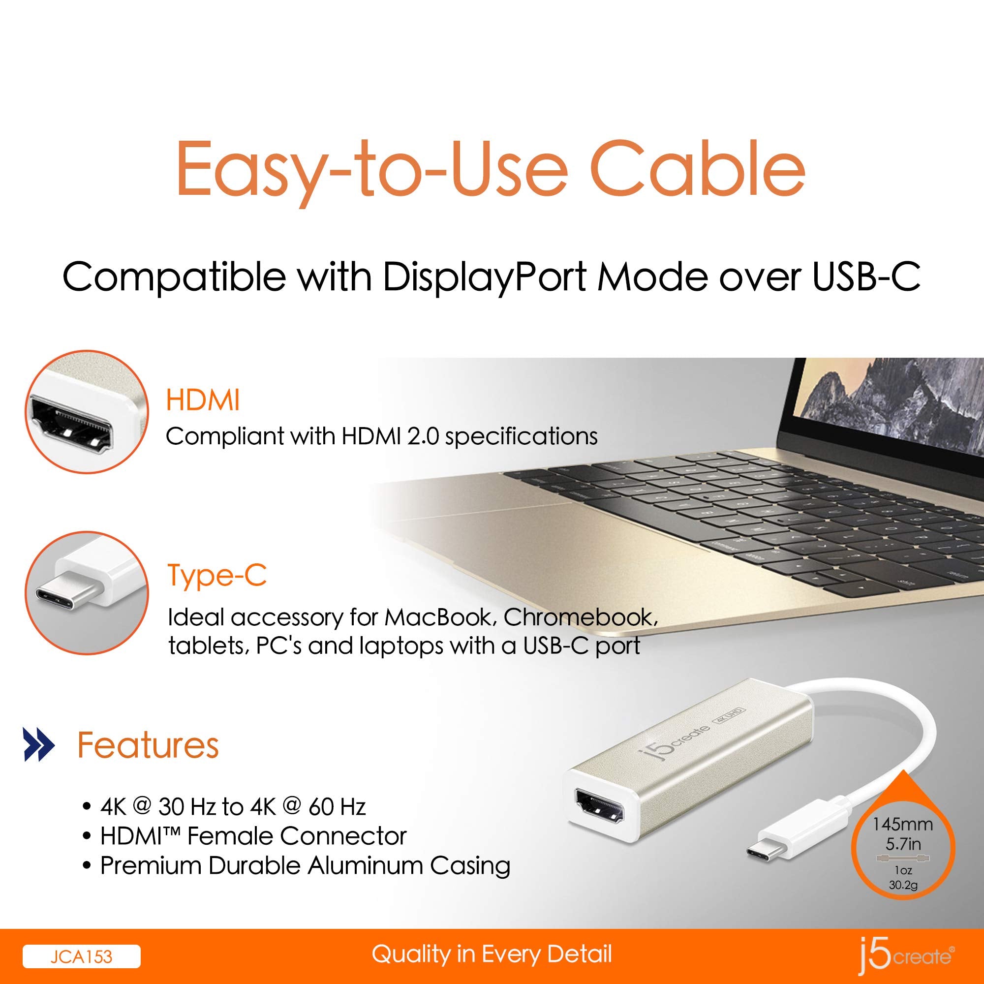 J5Create Usb Type C To 4K Hdmi Adapter Jca153 / 4K @60 Hz/For Macbook, Chromebook, Type C Laptops