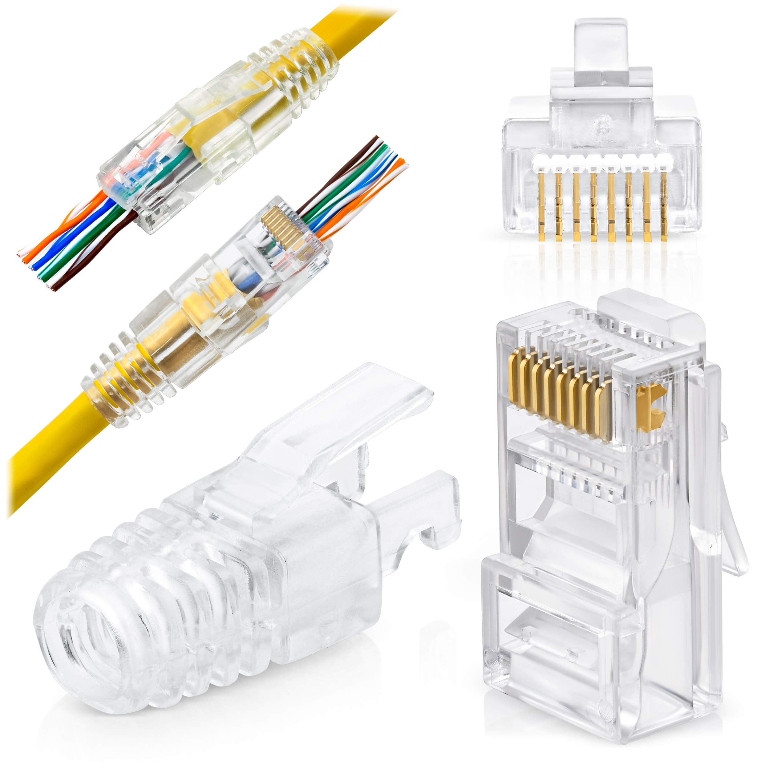 GTZ RJ45 Cat6 Pass Through Connectors and Strain Relief Boots - Pack of 50/50 - EZ to Crimp Modular Plug for Solid or Stranded U