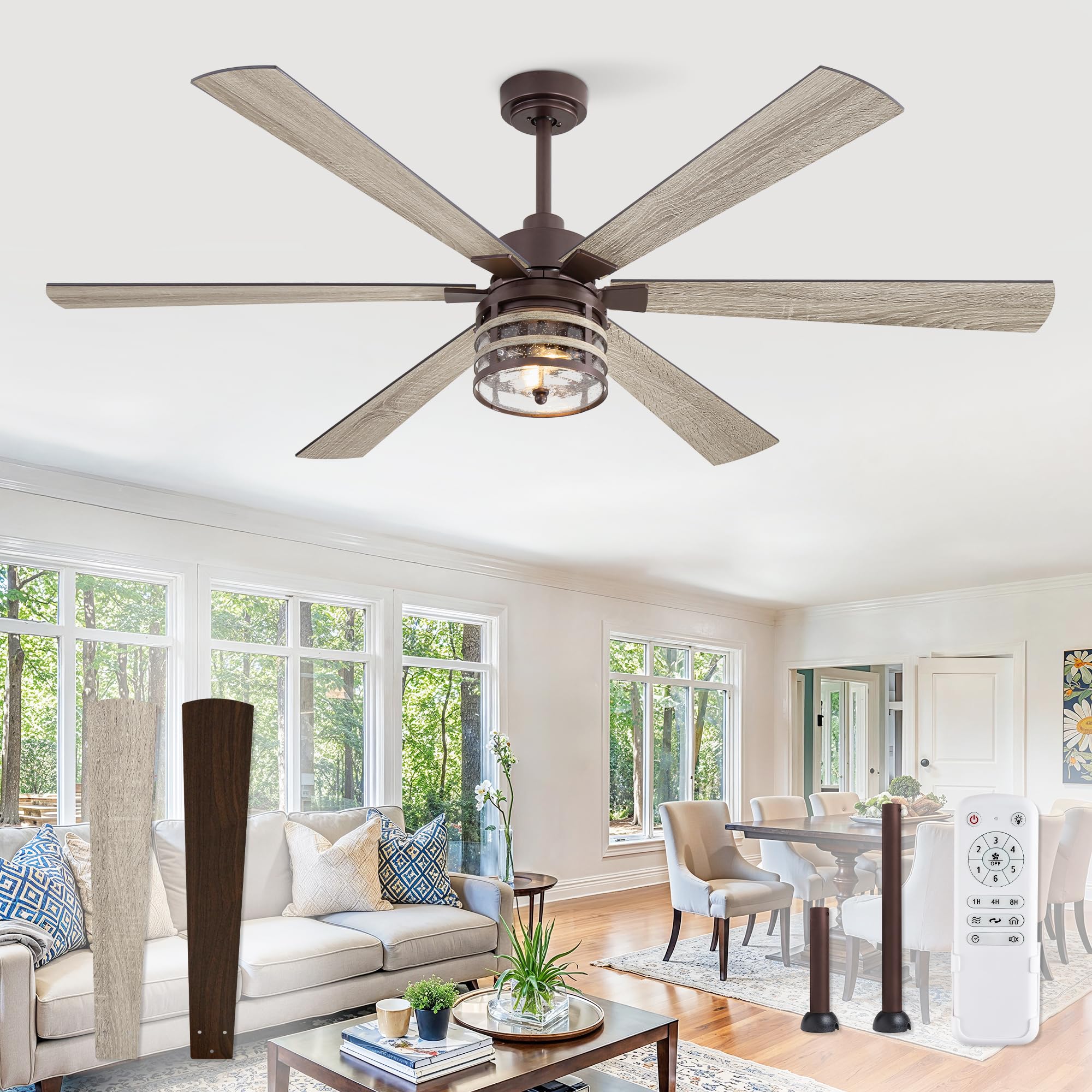 65 Inch Farmhouse Ceiling Fans With Lights And Remote,Industrial Large Ceiling Fan With 6 Speed Reversible Dc Motor And 6 Dual F