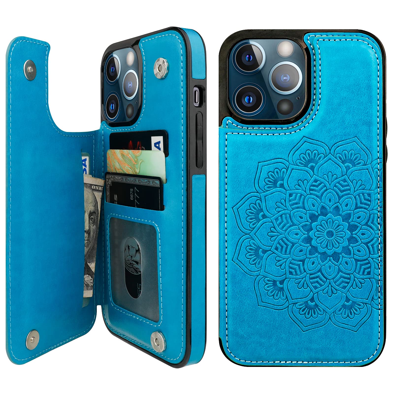 Vaburs Compatible With Iphone 13 Pro Max Case Wallet With Card Holder, Embossed Mandala Pattern  Flower Pu Leather Double Button