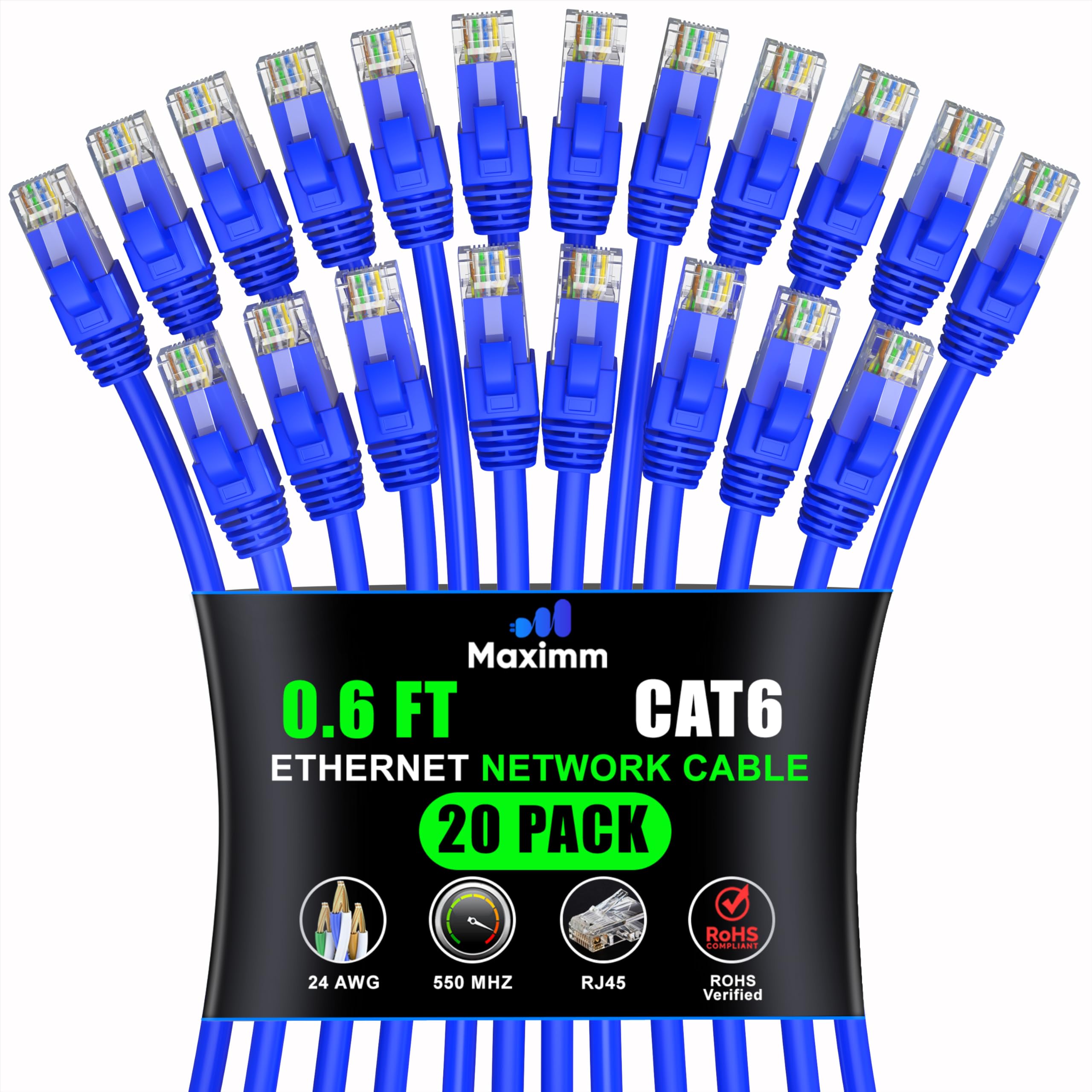 Maximm Cat 6 Ethernet Cable 0.6 Ft (20 Pack)   High Speed Lan Cable, Internet Cable, Patch Cable, And Network Cable   Utp, 10Gbps, 550Mhz Ethernet Cord   Blue